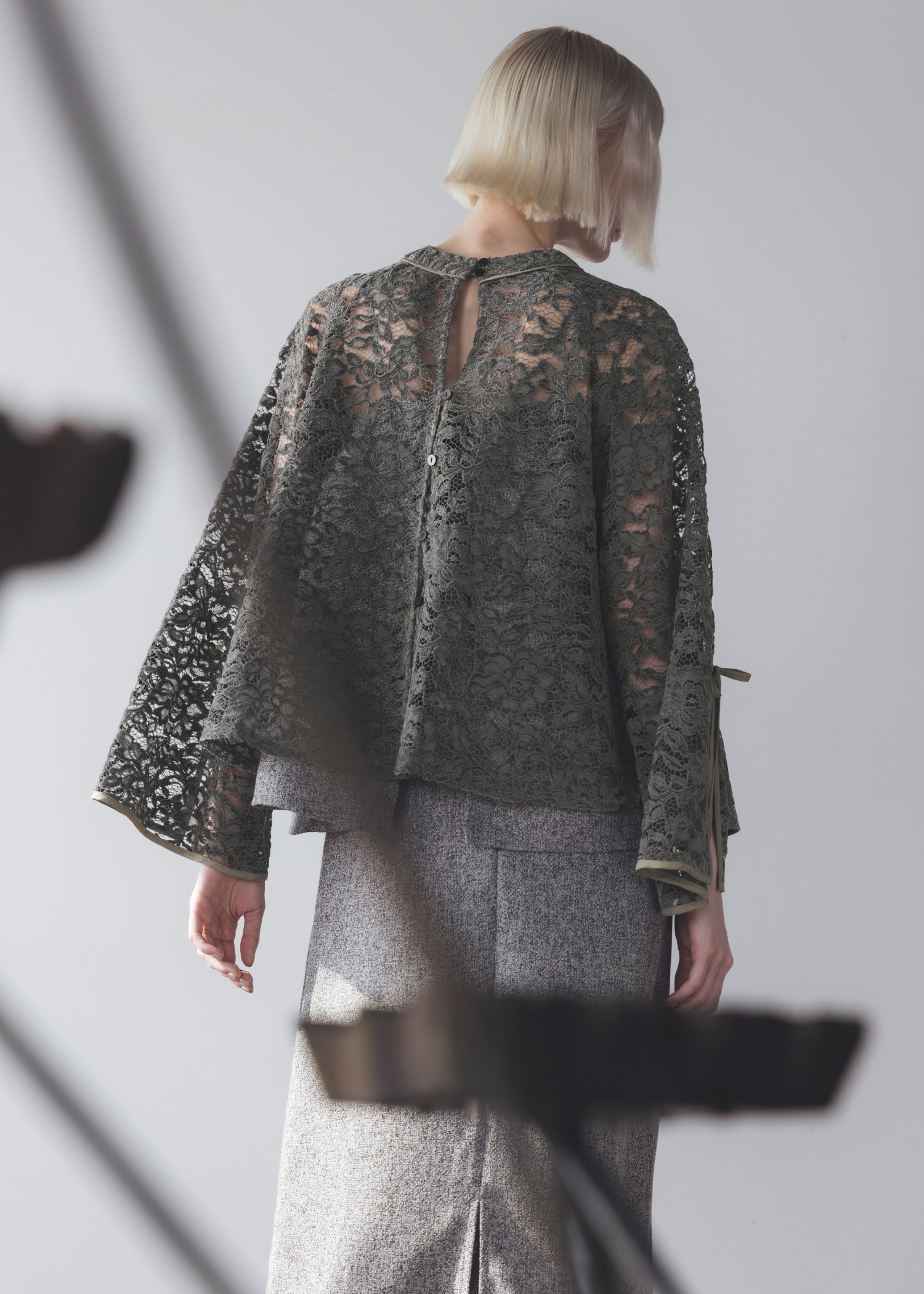 sheer velour lace ribbon sleeve blouse