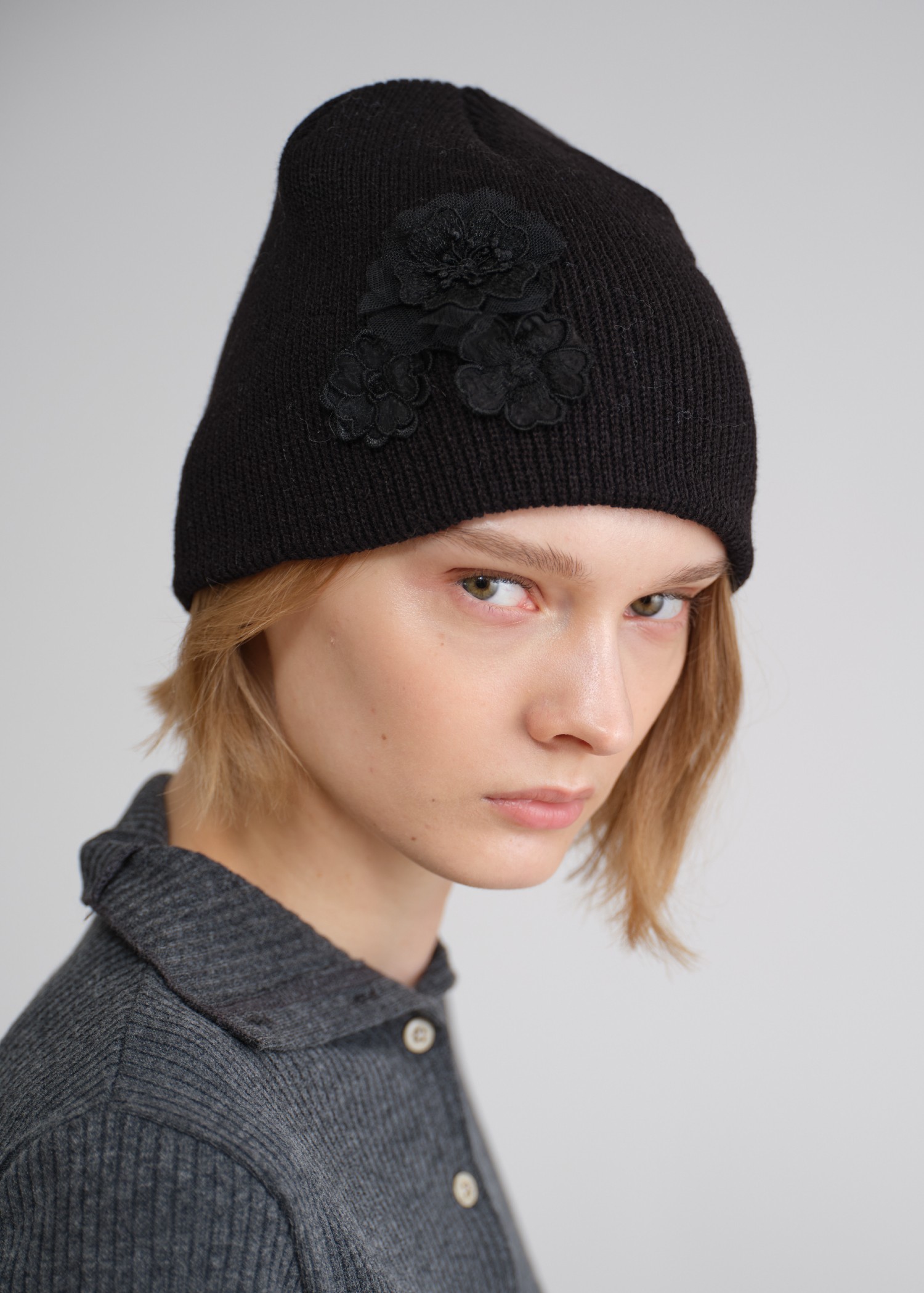 flower lace motif knit beanie