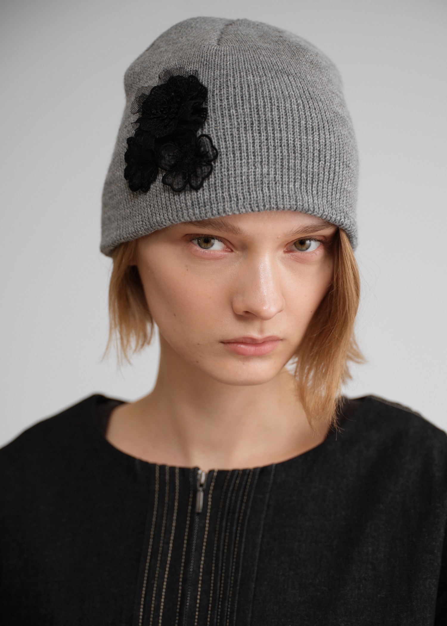 flower lace motif knit beanie