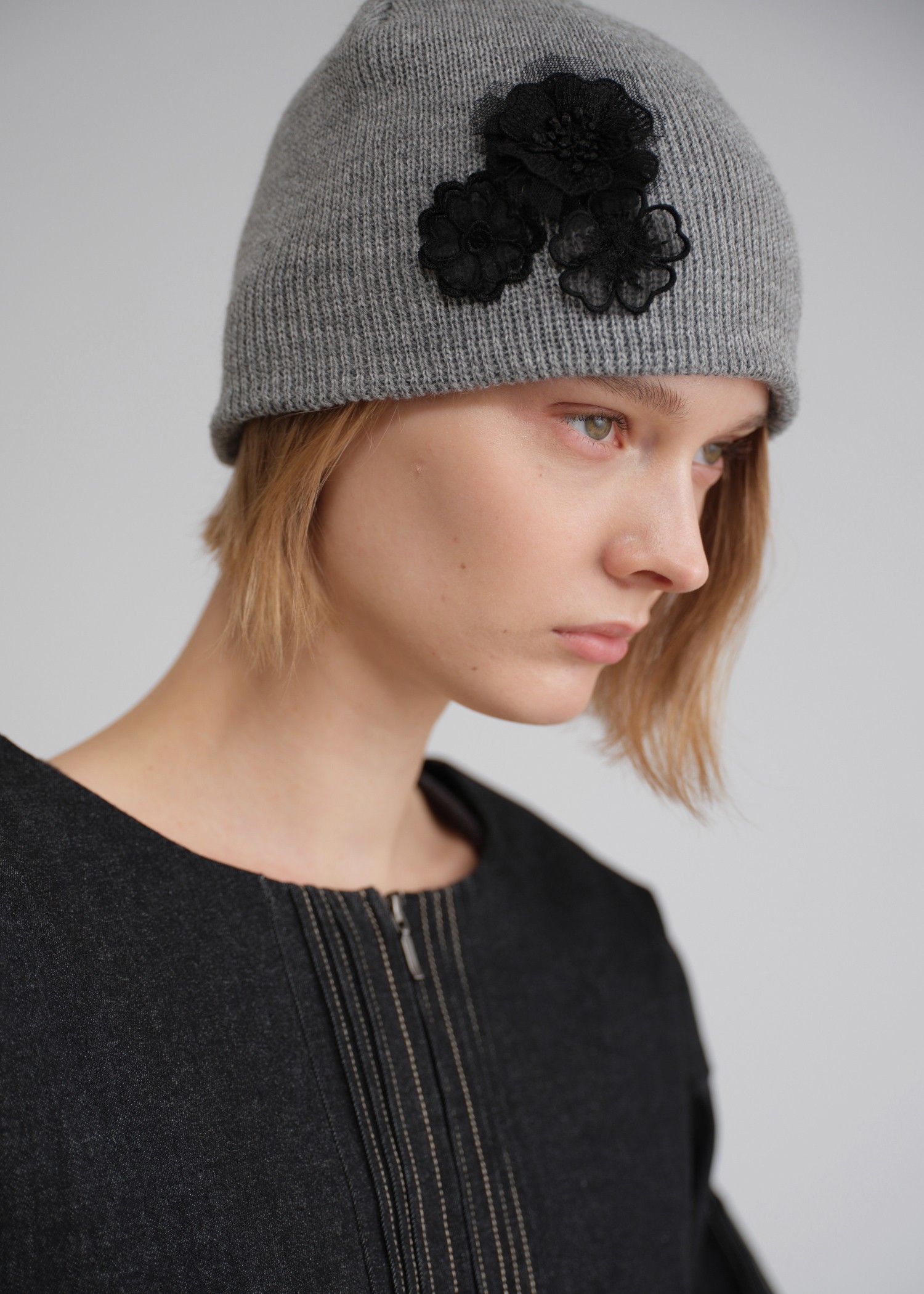 flower lace motif knit beanie