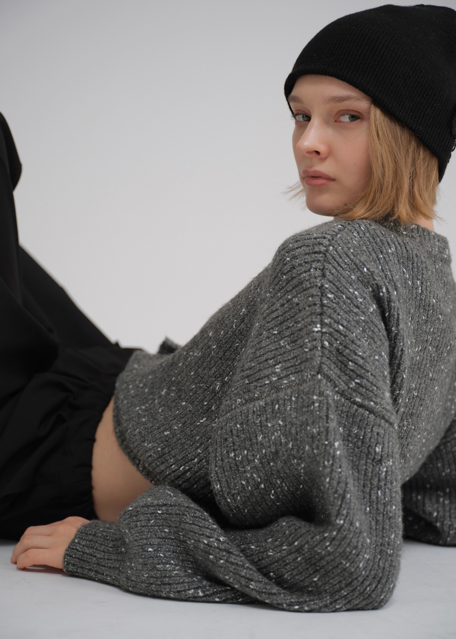 flower lace motif knit beanie