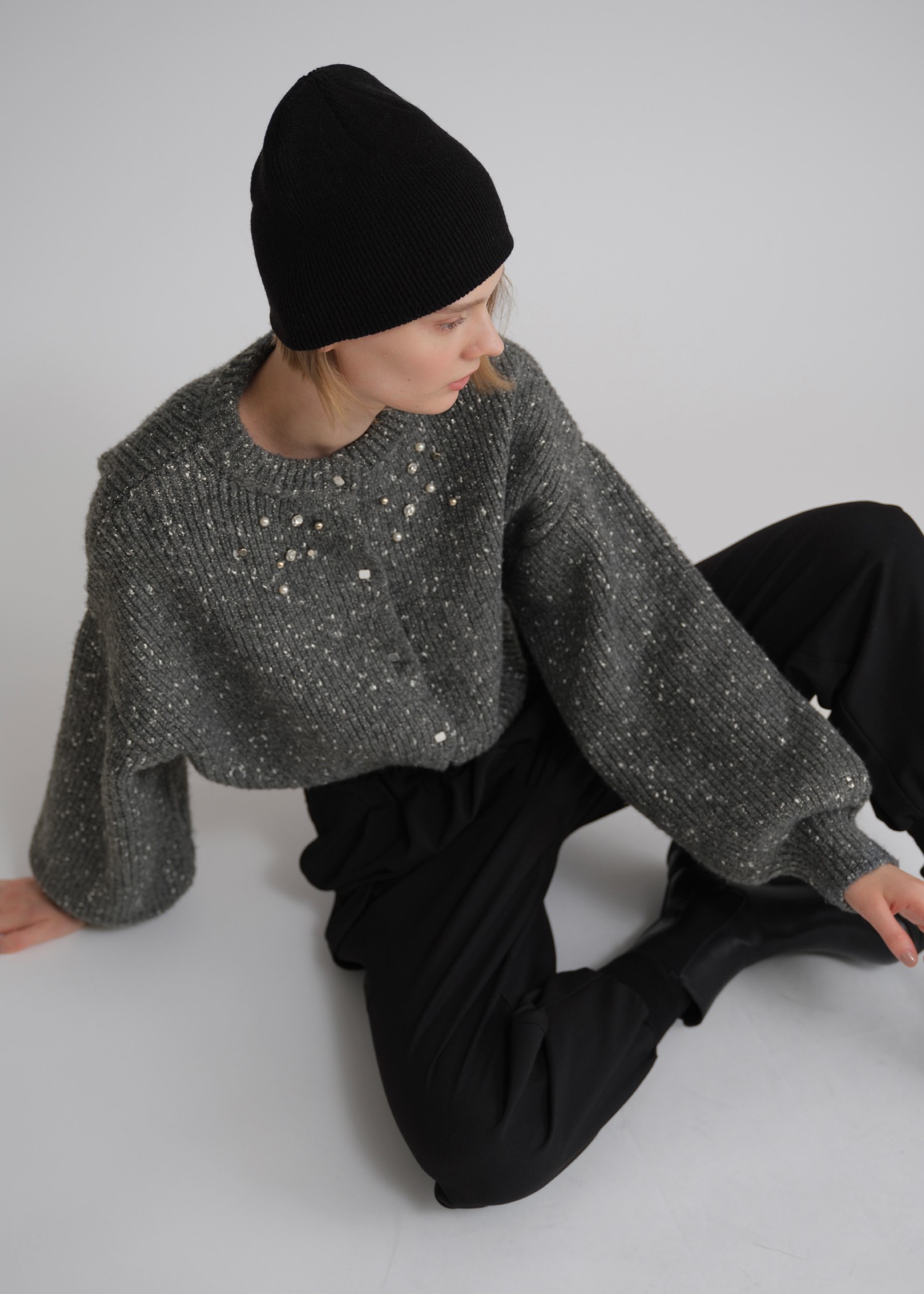 flower lace motif knit beanie