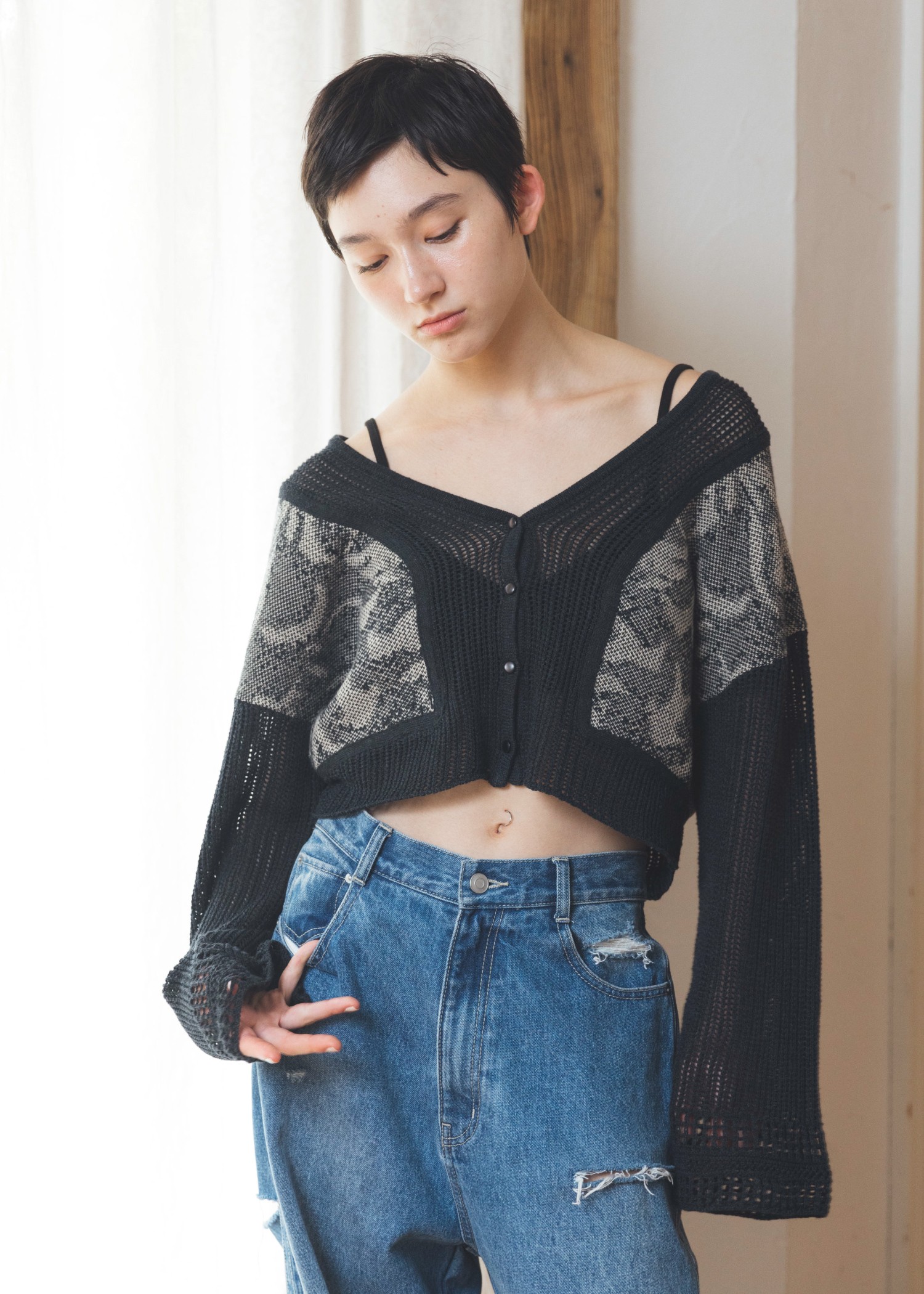 openwork sleeve jacquard knit cardigan