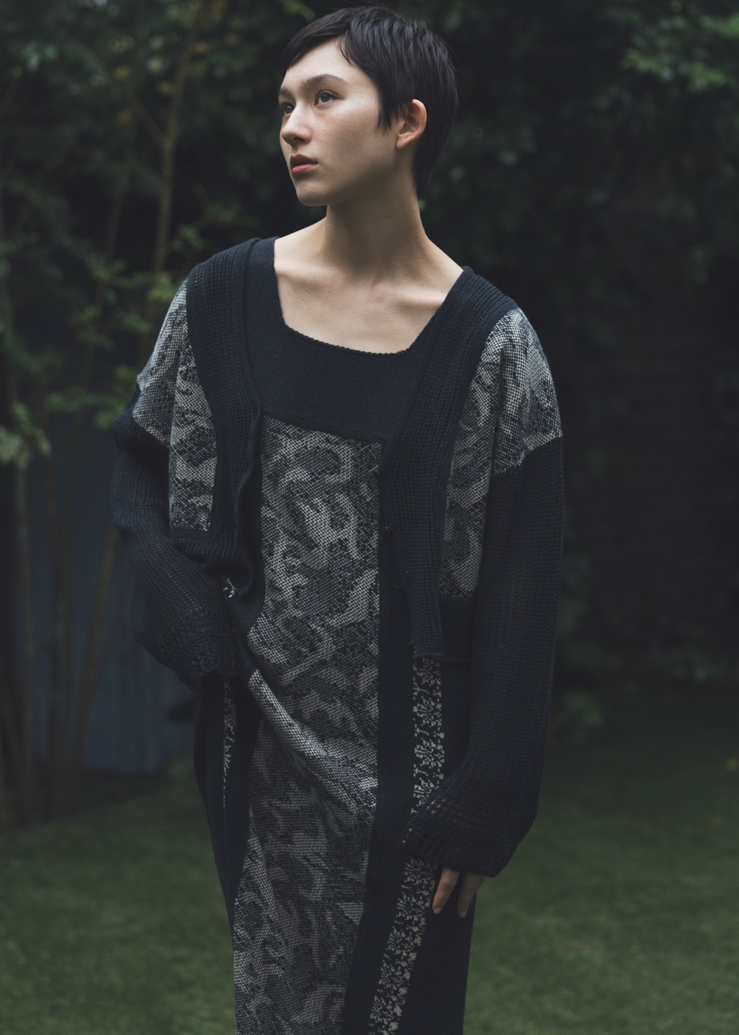 openwork sleeve jacquard knit cardigan