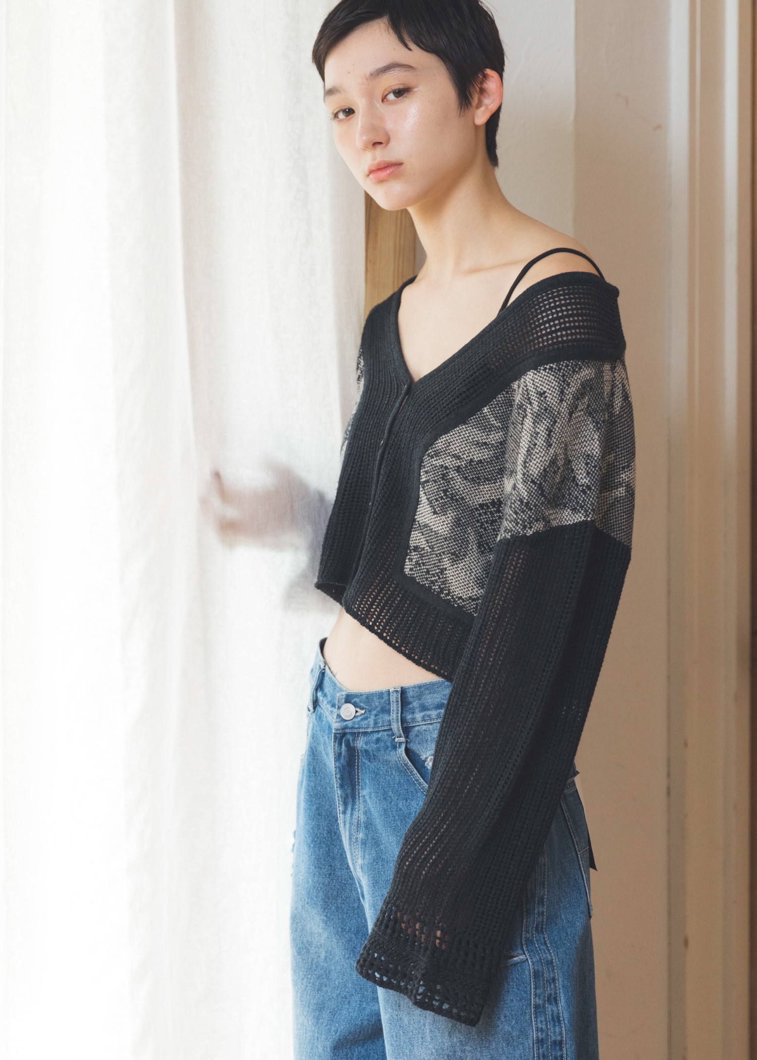 openwork sleeve jacquard knit cardigan