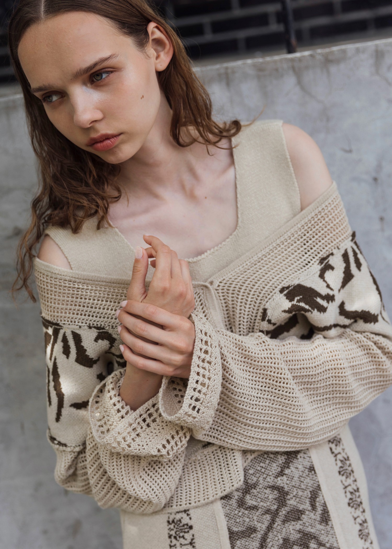 openwork sleeve jacquard knit cardigan