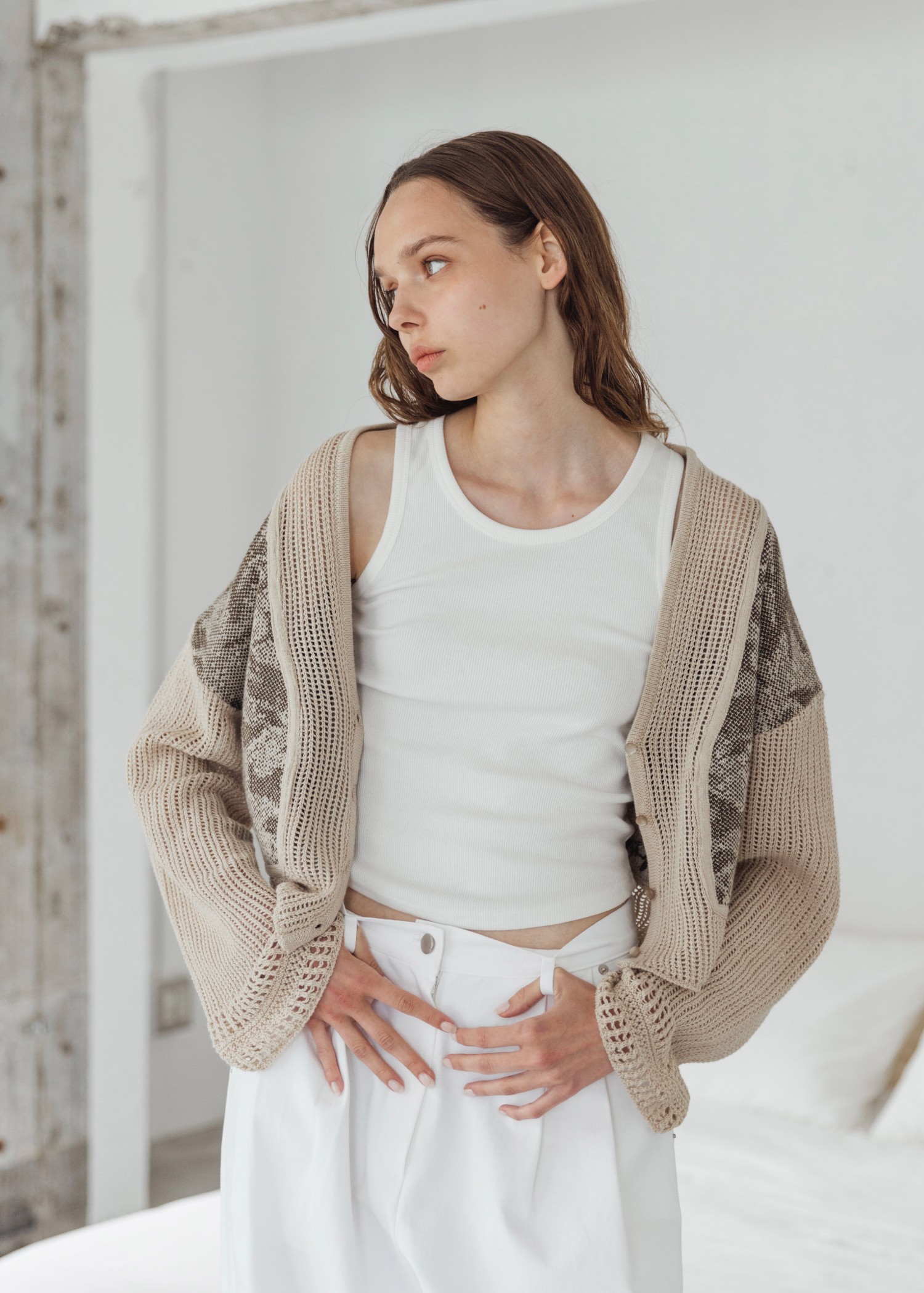 openwork sleeve jacquard knit cardigan