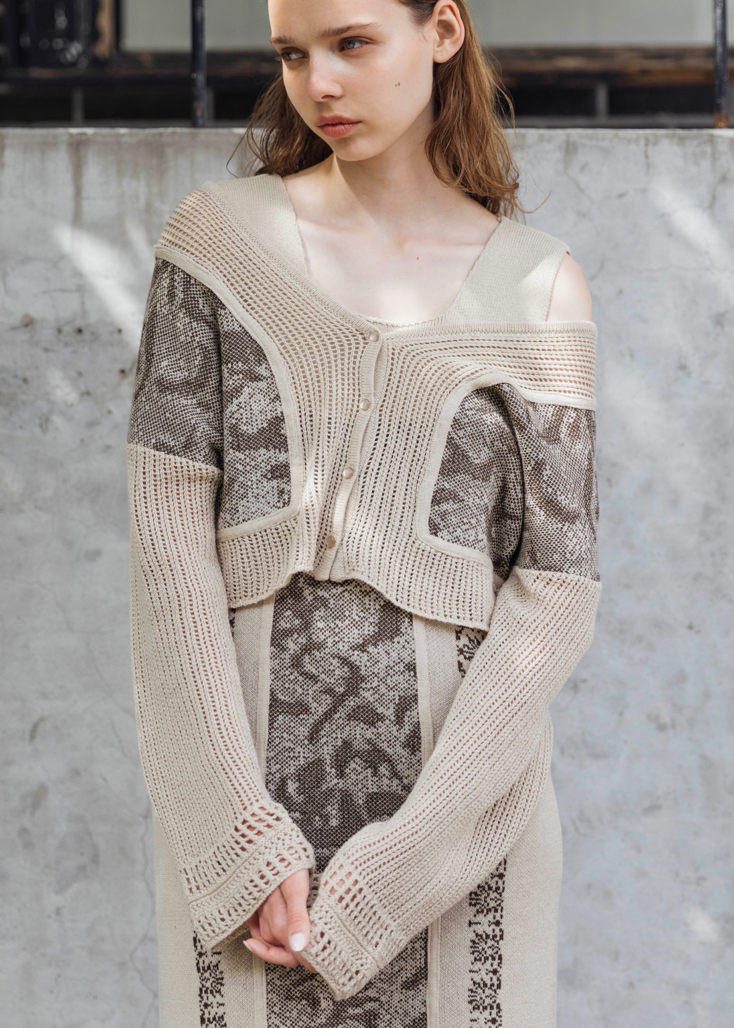 openwork sleeve jacquard knit cardigan