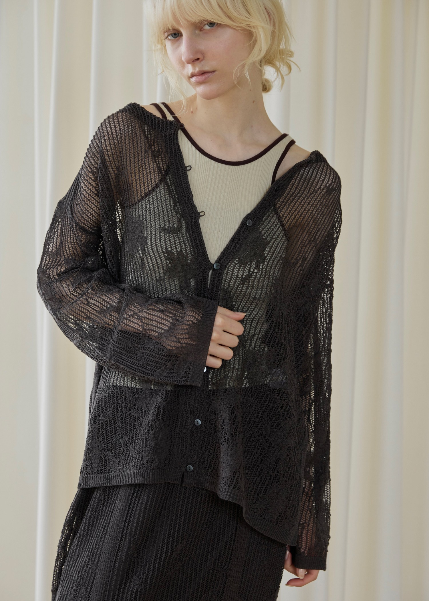 mesh gradation flower rib sheer knit