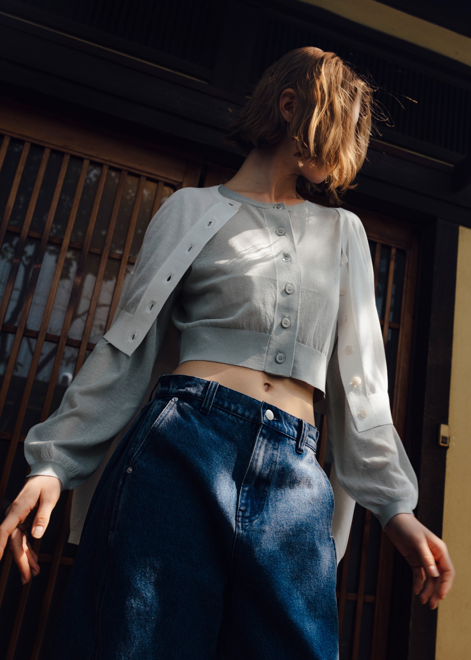 sheer round neck multi button cardigan