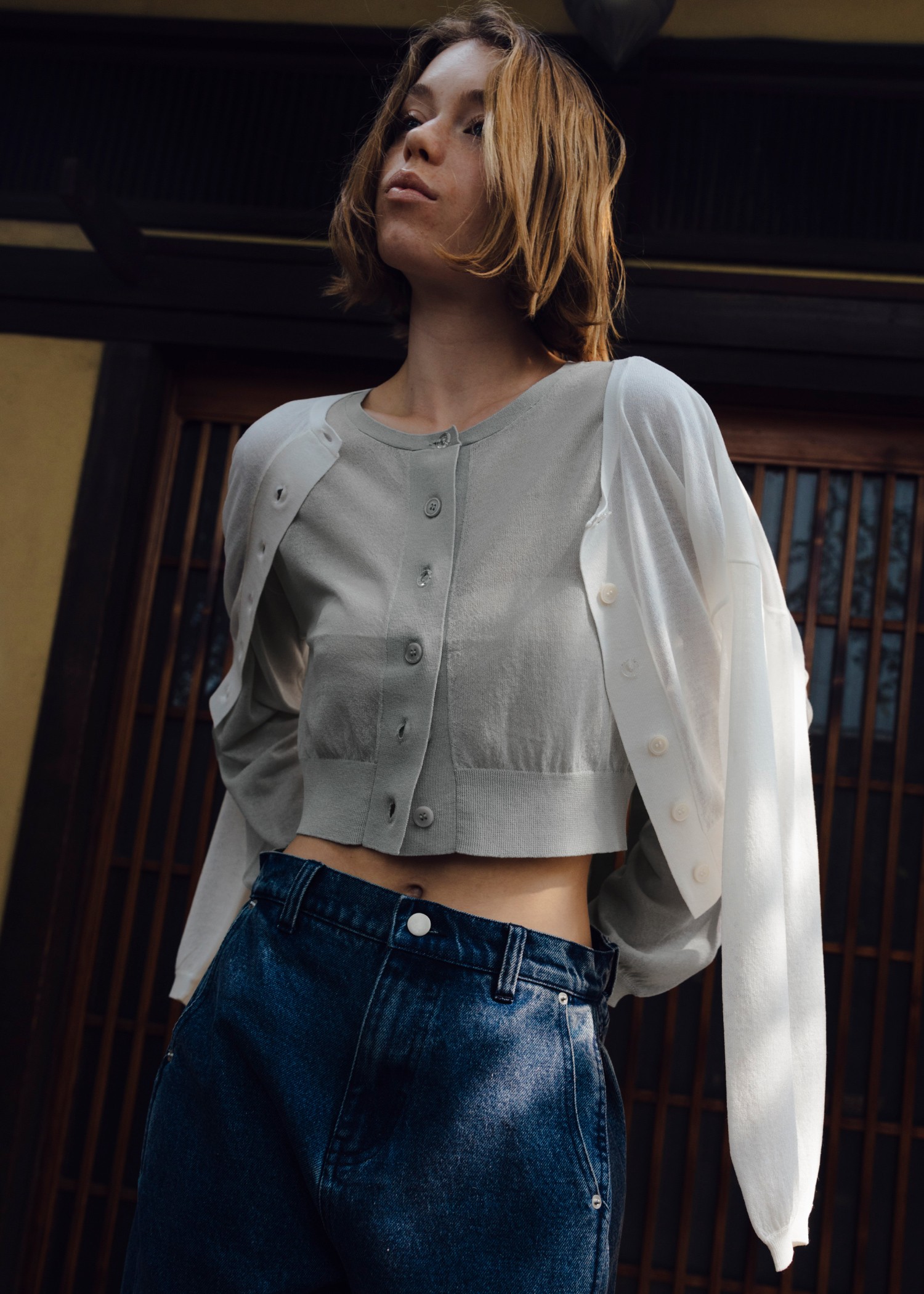 sheer round neck multi button cardigan