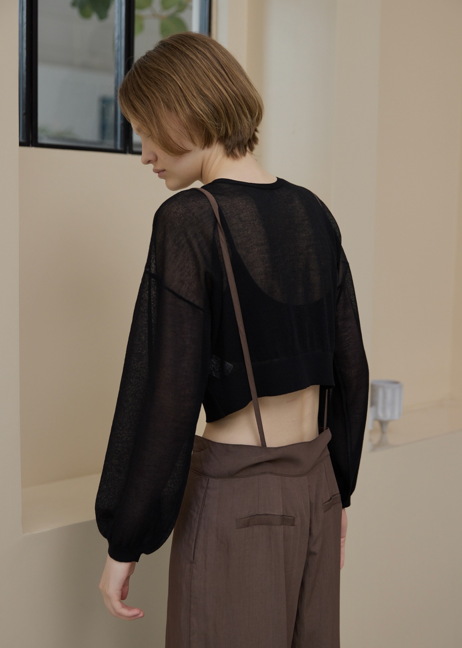 sheer round neck multi button cardigan