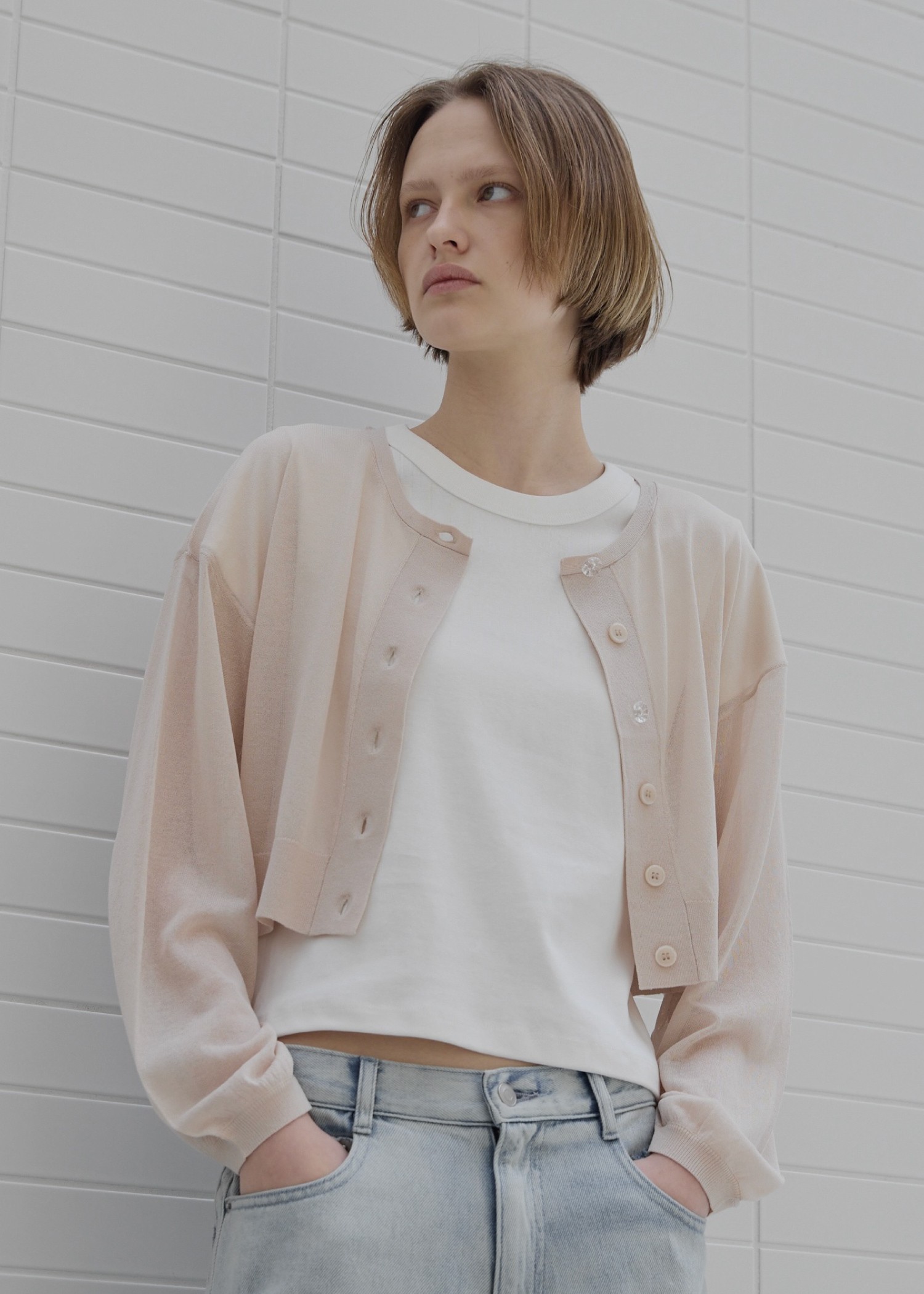 sheer round neck multi button cardigan