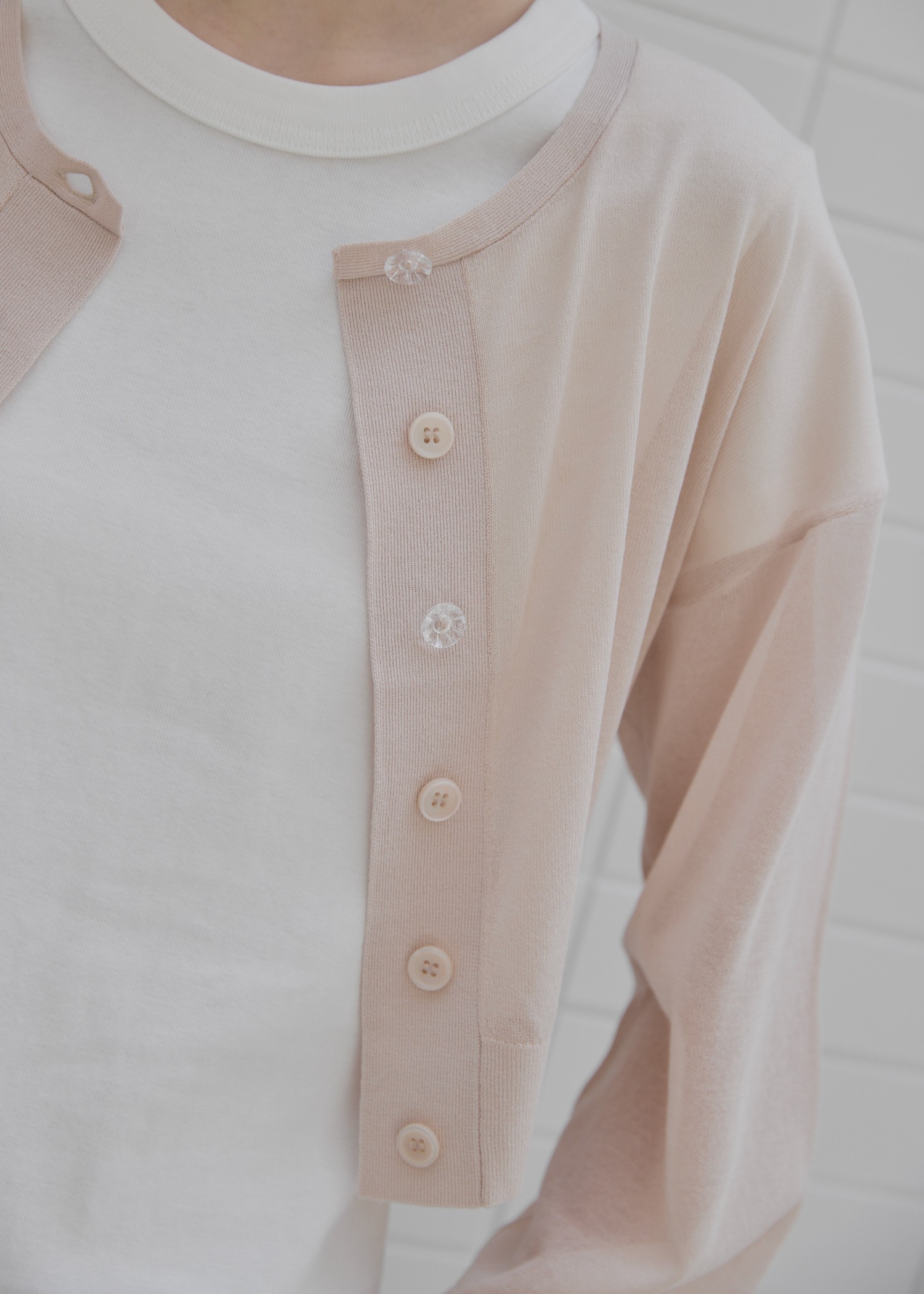 sheer round neck multi button cardigan