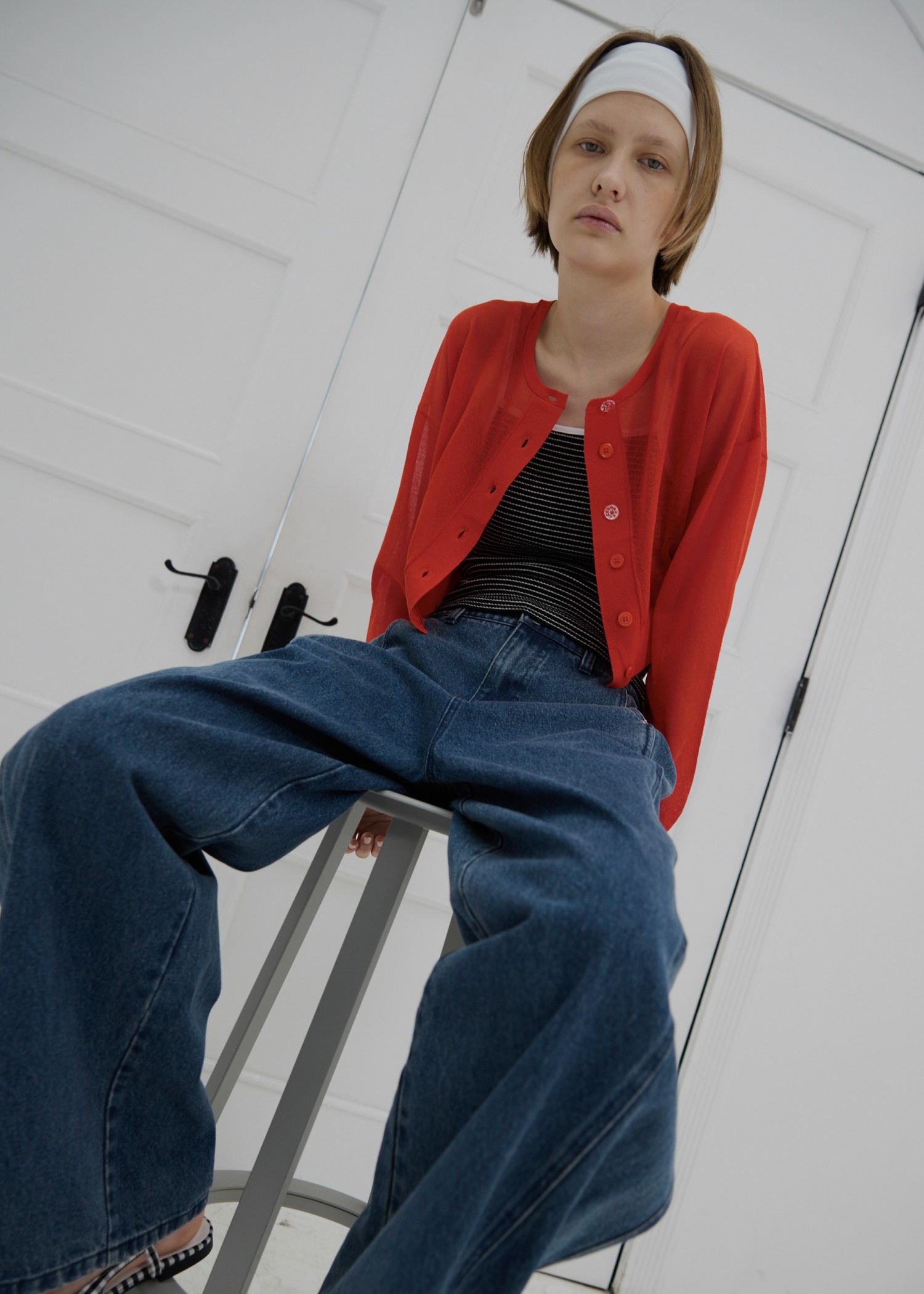 sheer round neck multi button cardigan