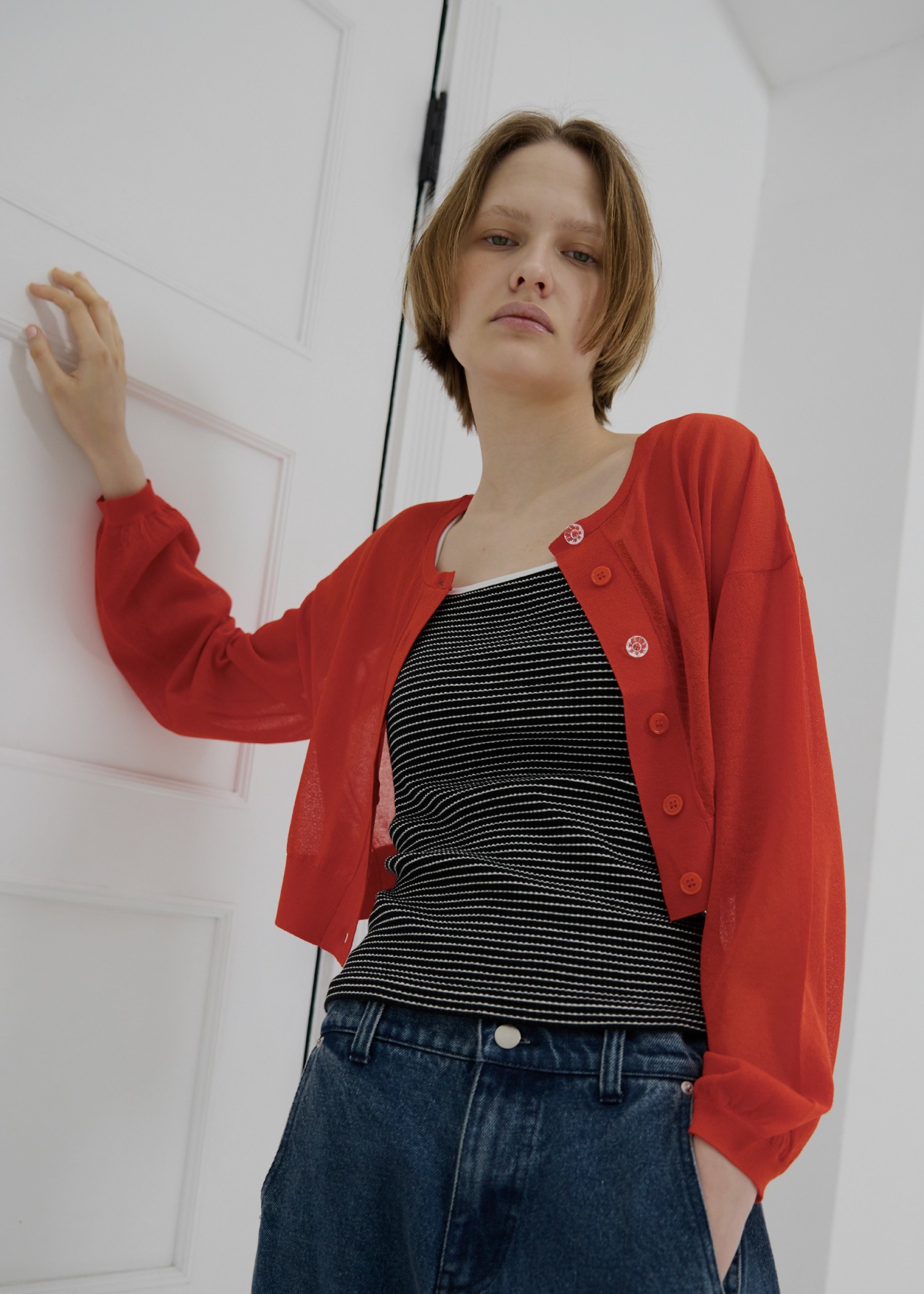 sheer round neck multi button cardigan