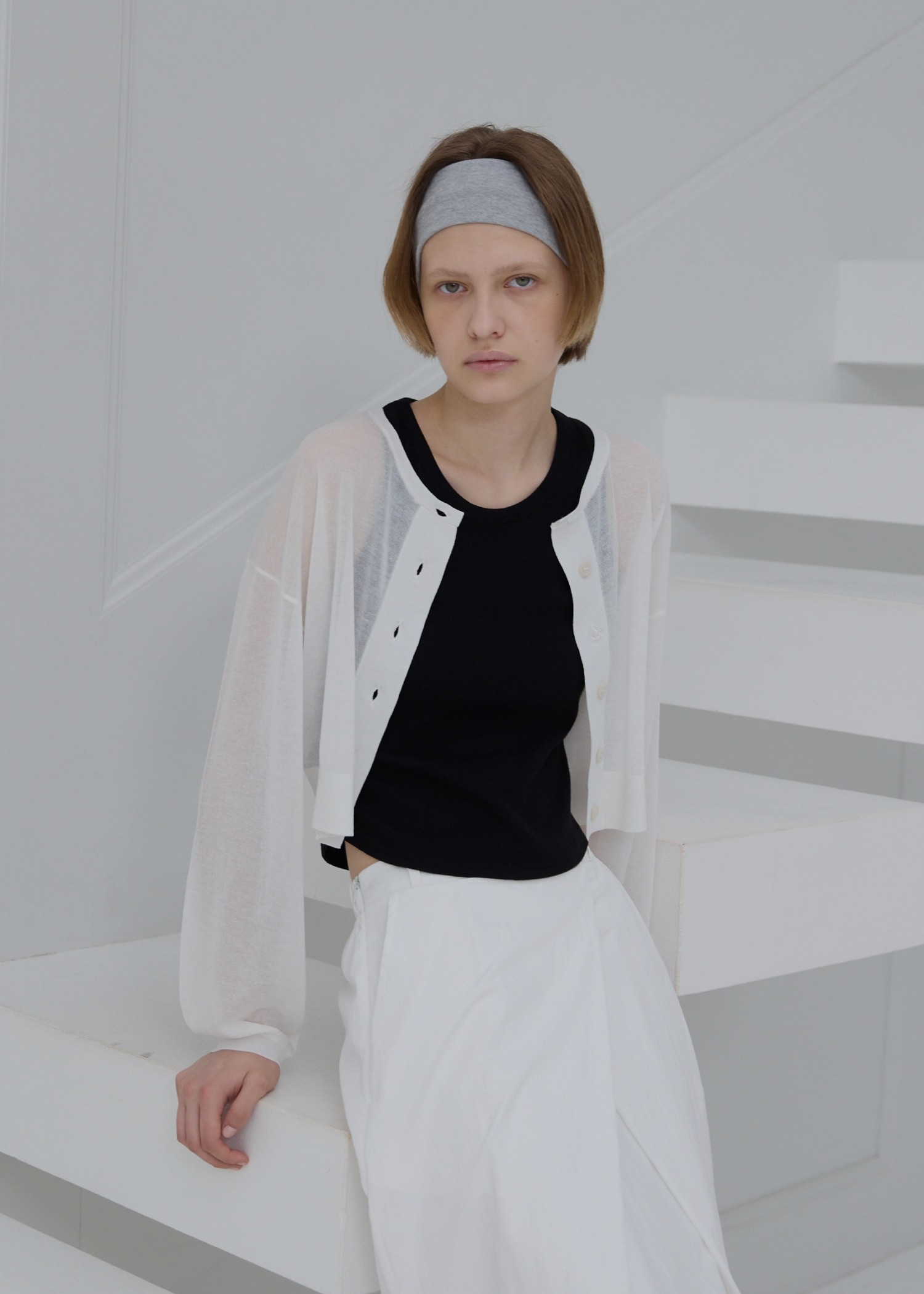 sheer round neck multi button cardigan