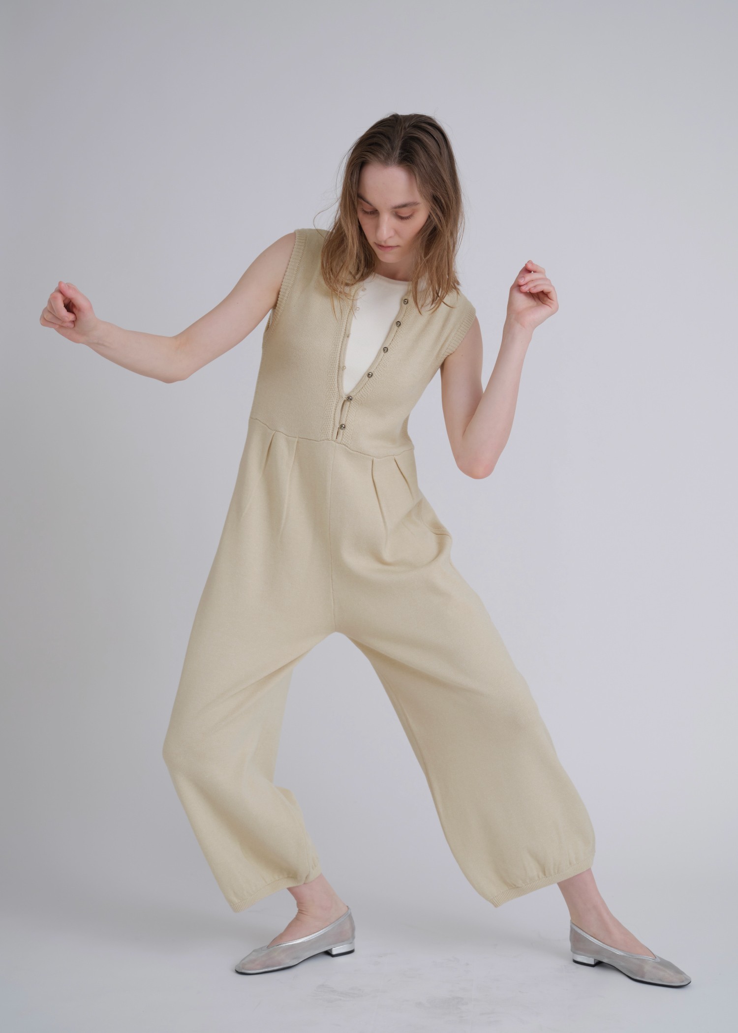 side pattern no sleeve knit all-in-one