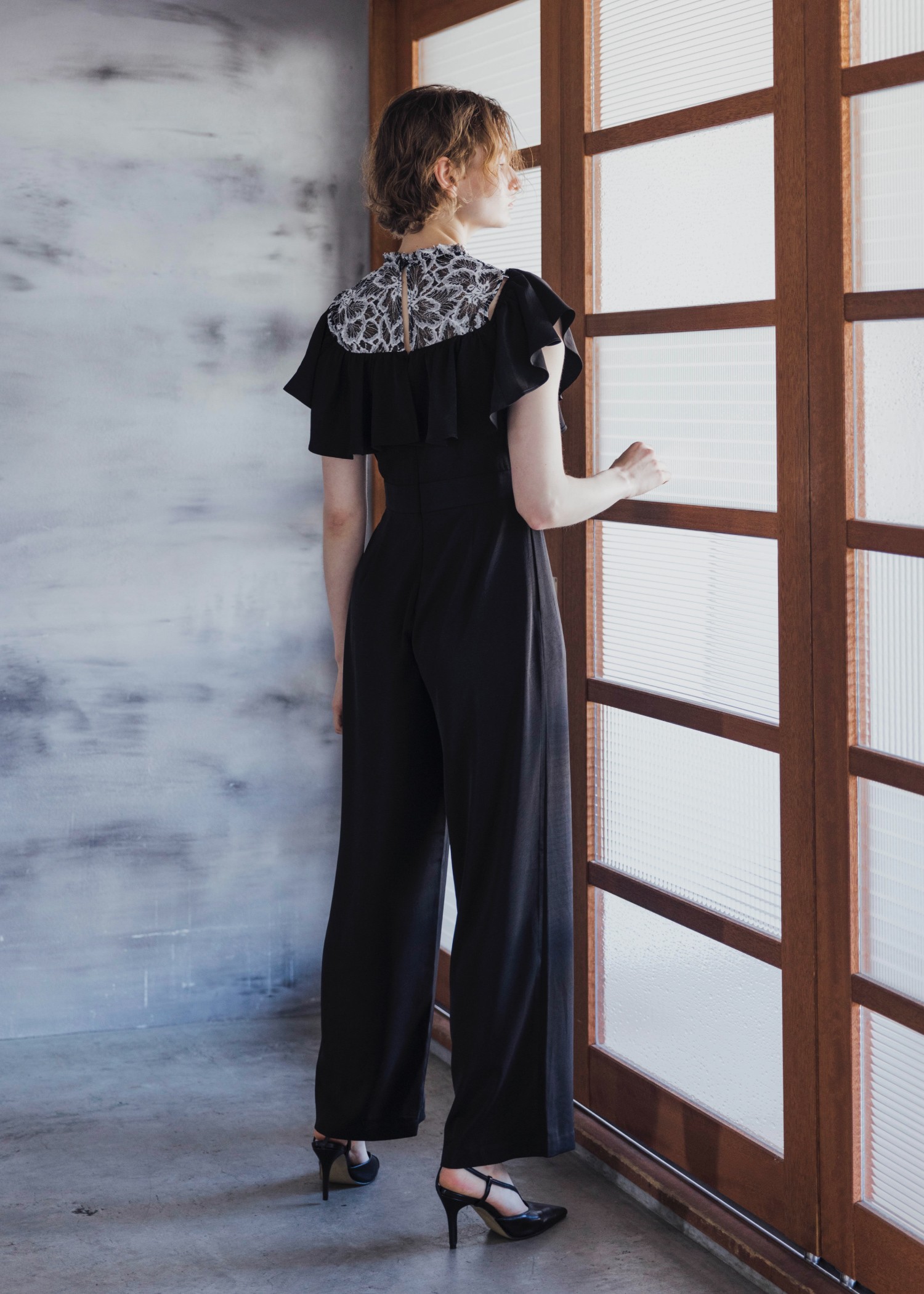 lace switching frill off shoulder all-in-one