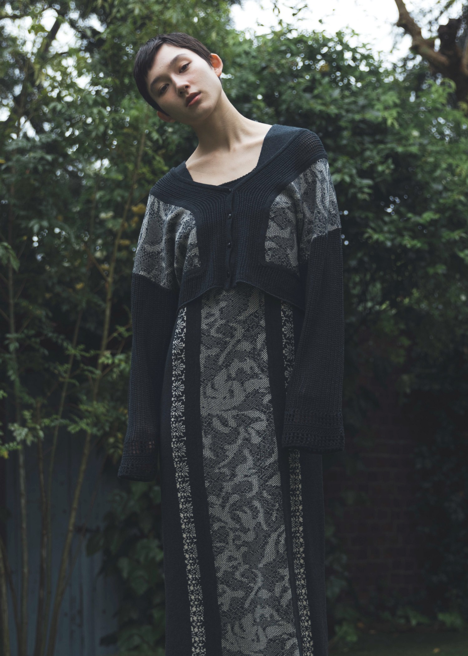 jacquard panel square neck knit OP