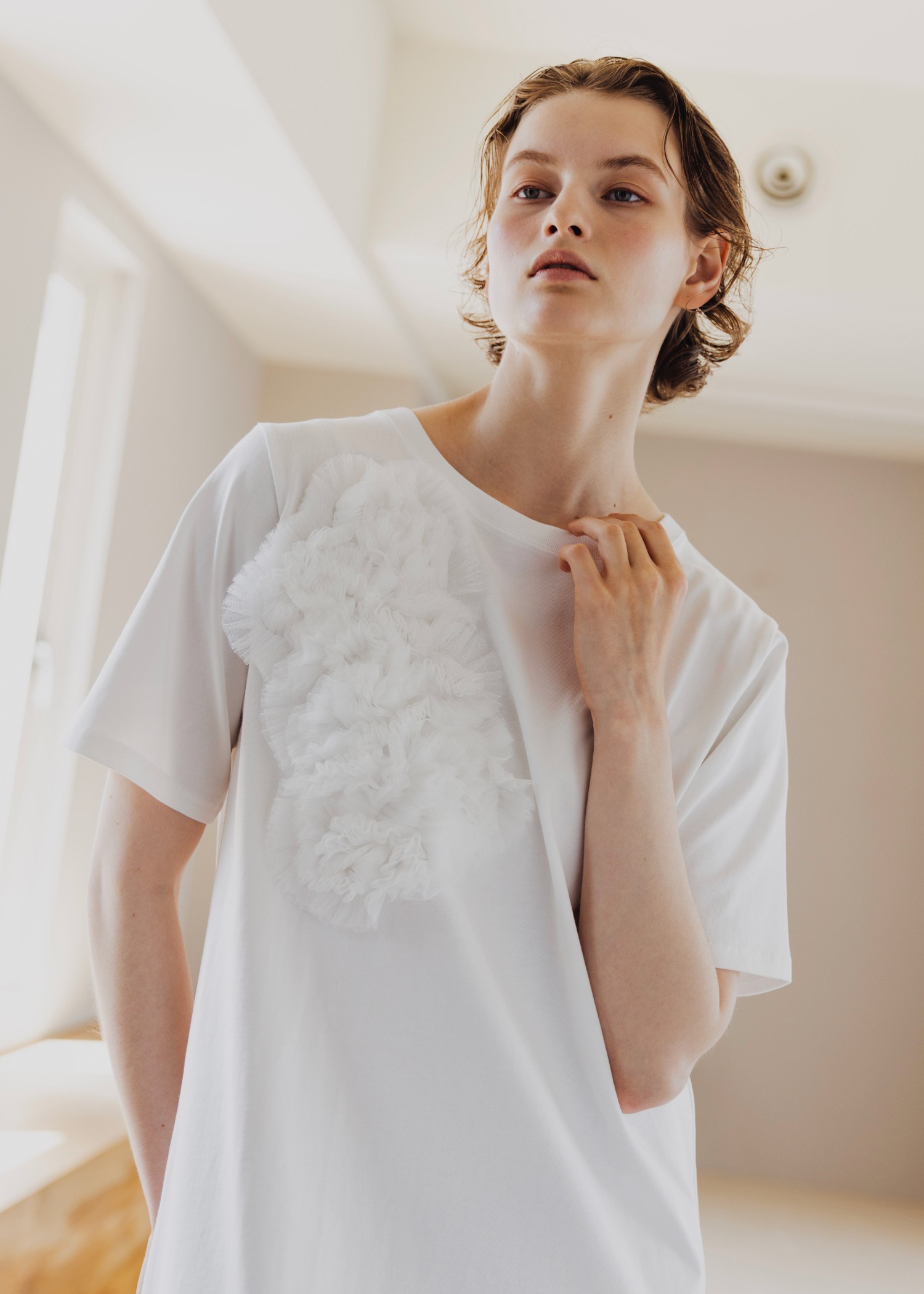 tulle motif half sleeve cut and sew OP