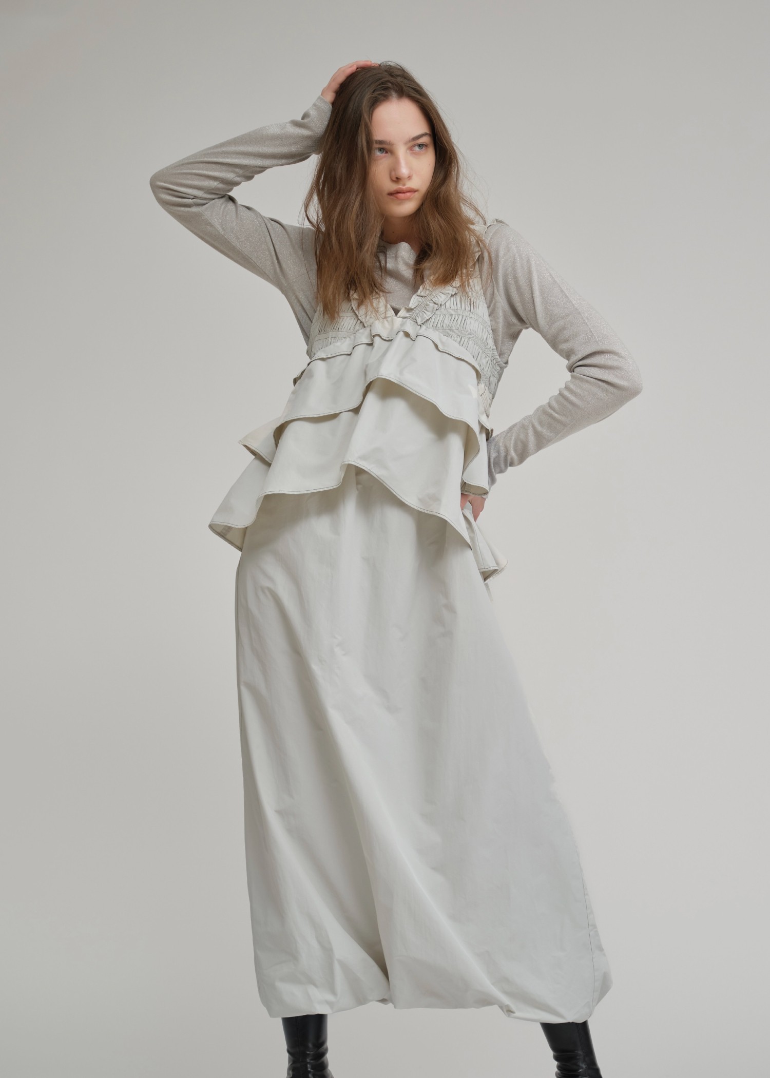 peplum docking bi color stitch shirring OP