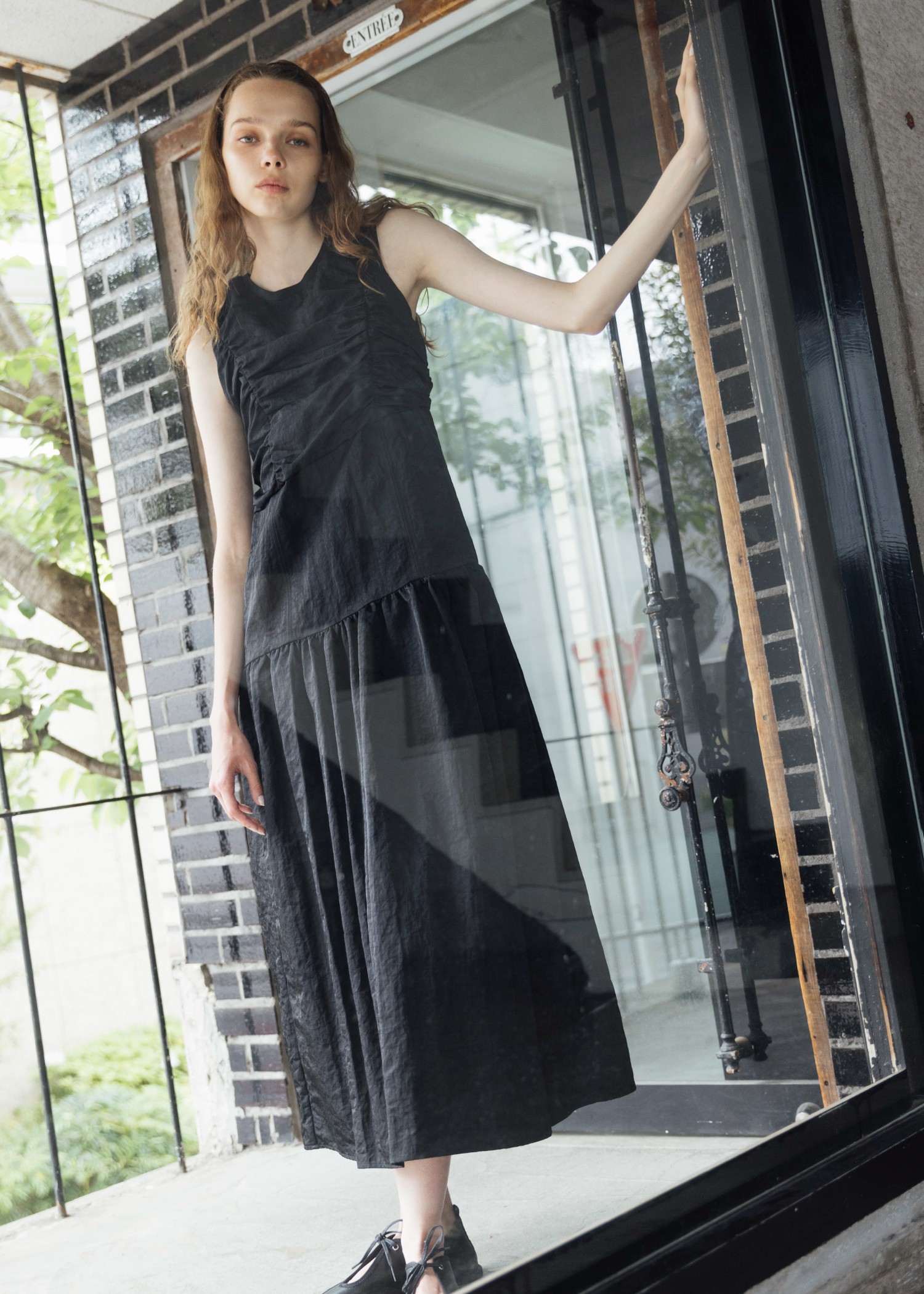 panel gather asymmetry nylon no sleeve OP