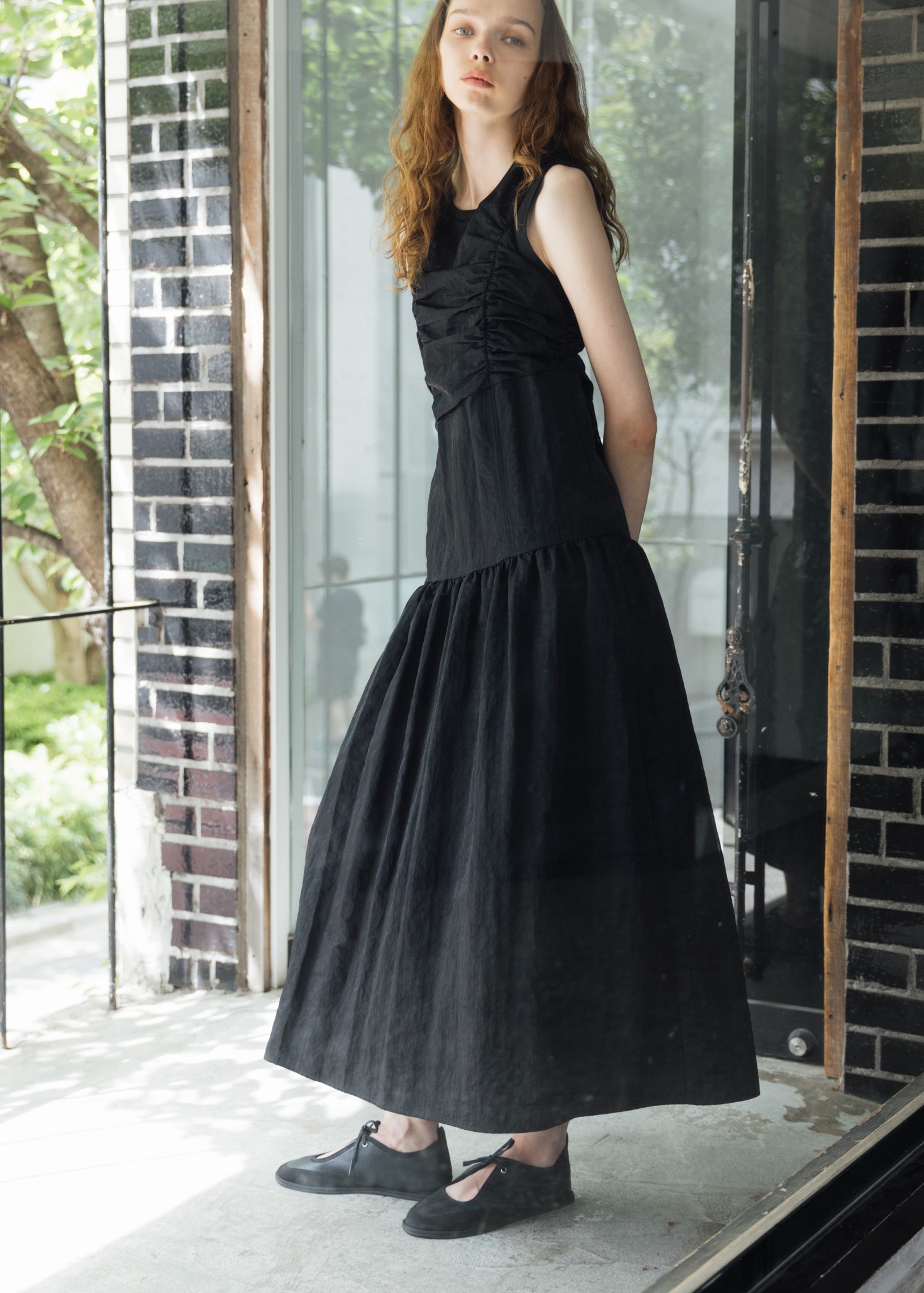 panel gather asymmetry nylon no sleeve OP