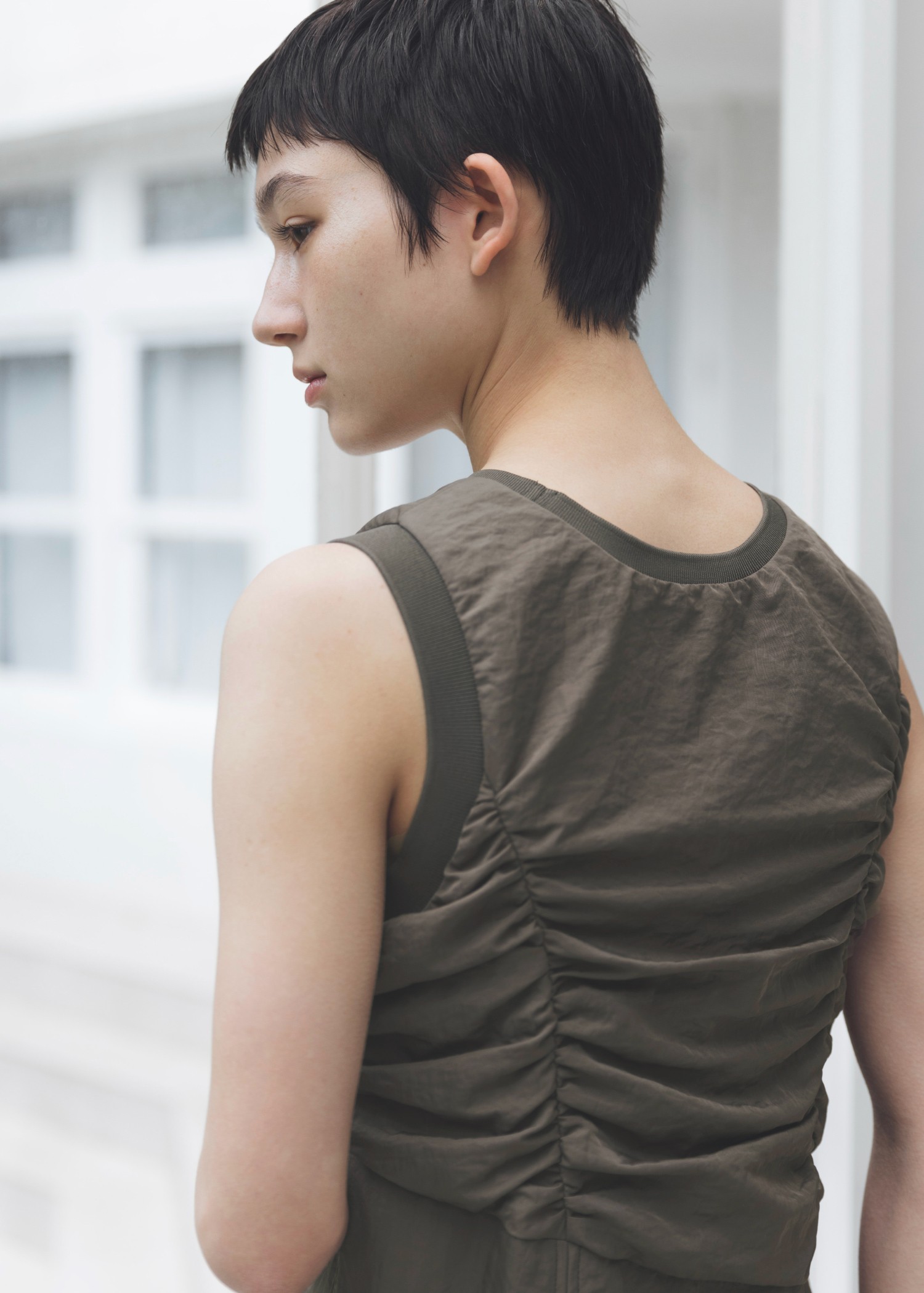 panel gather asymmetry nylon no sleeve OP