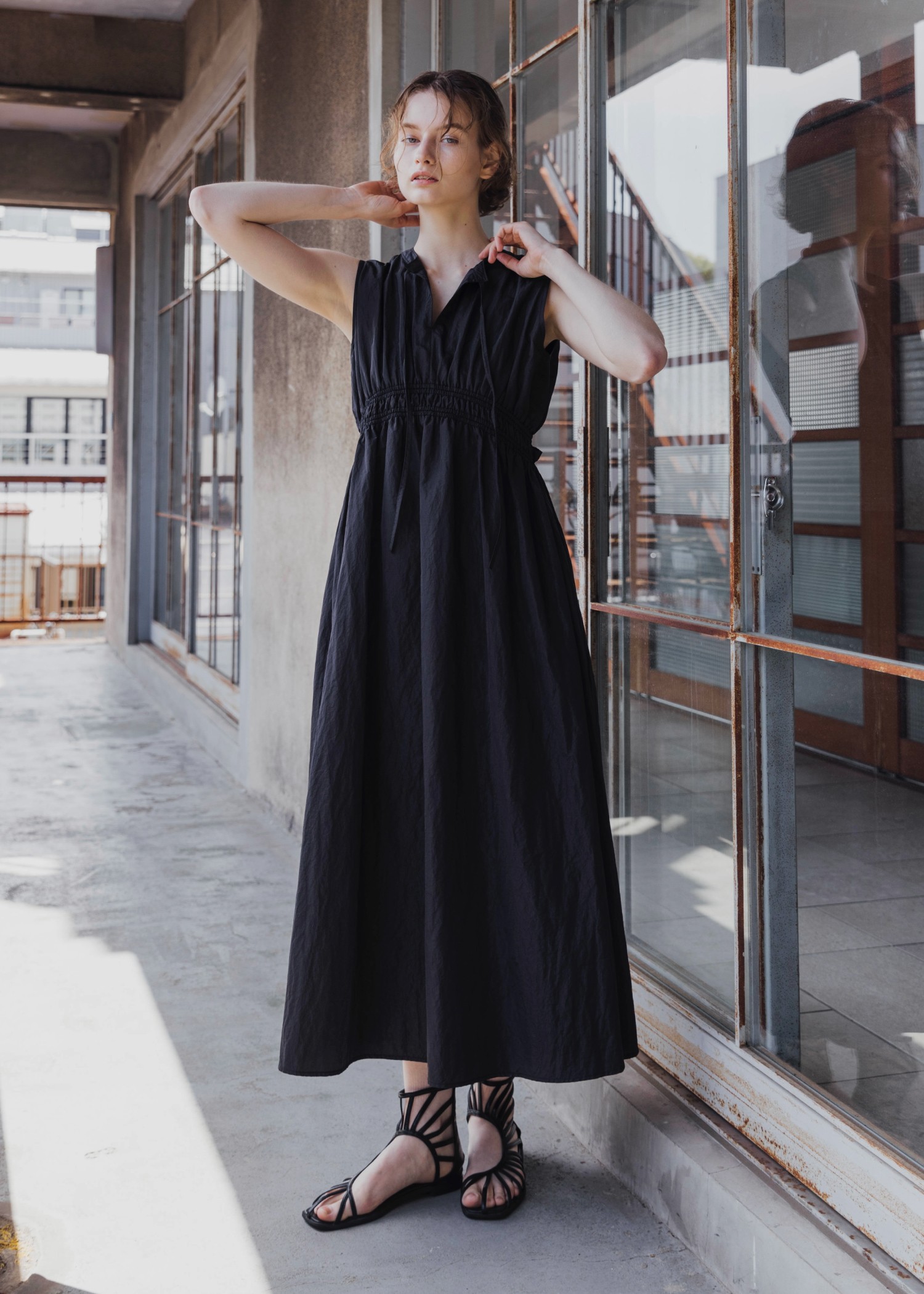 asymmetry shirring gather no sleeve OP