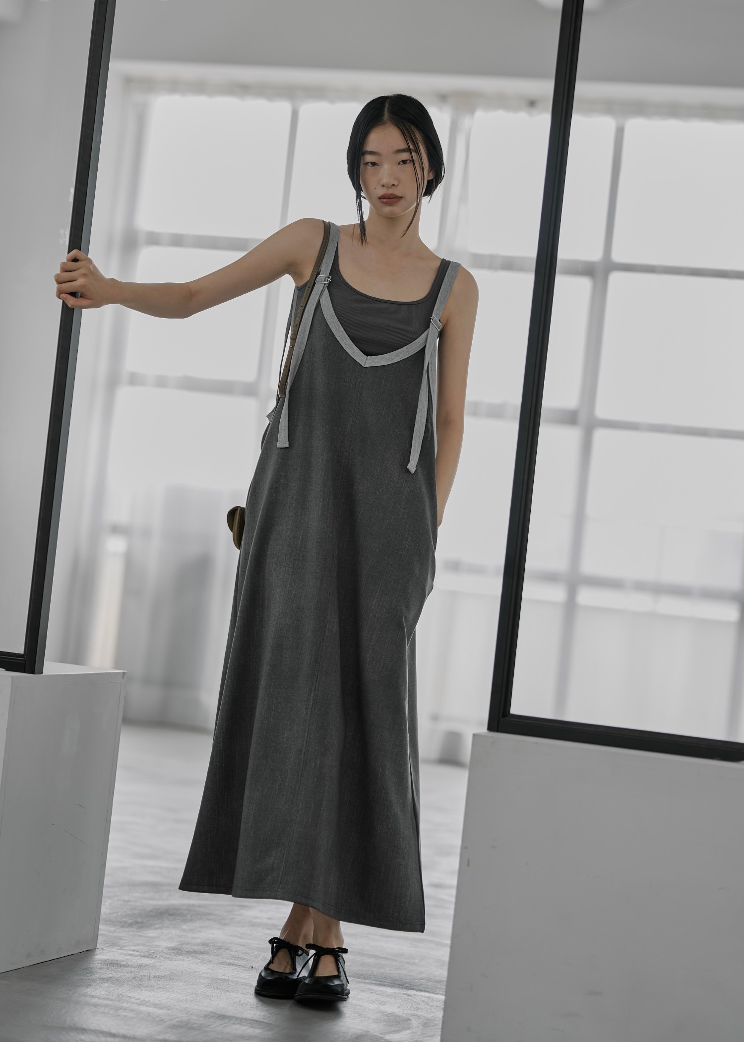 bicolor tape denim like A line OP