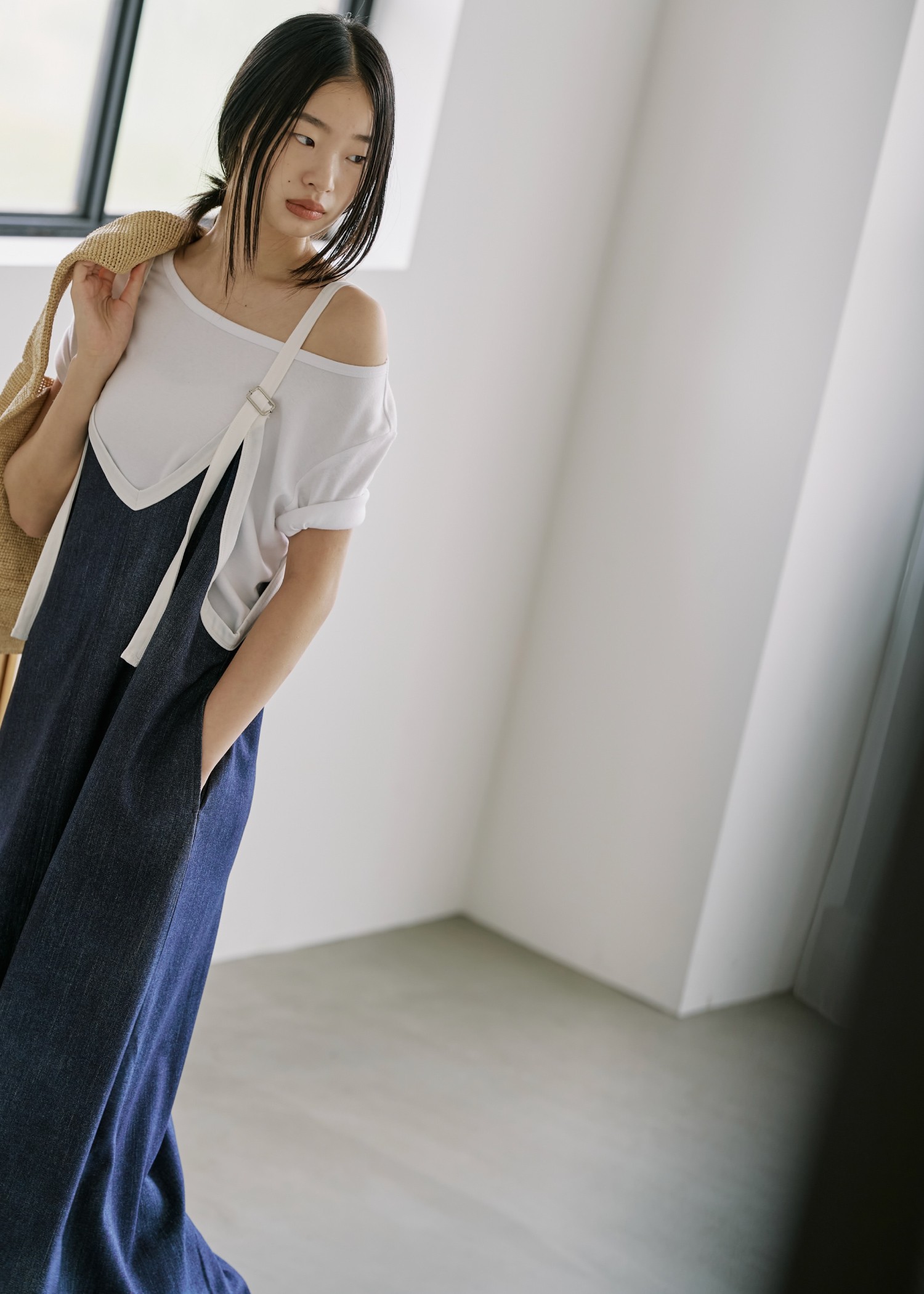 bicolor tape denim like A line OP