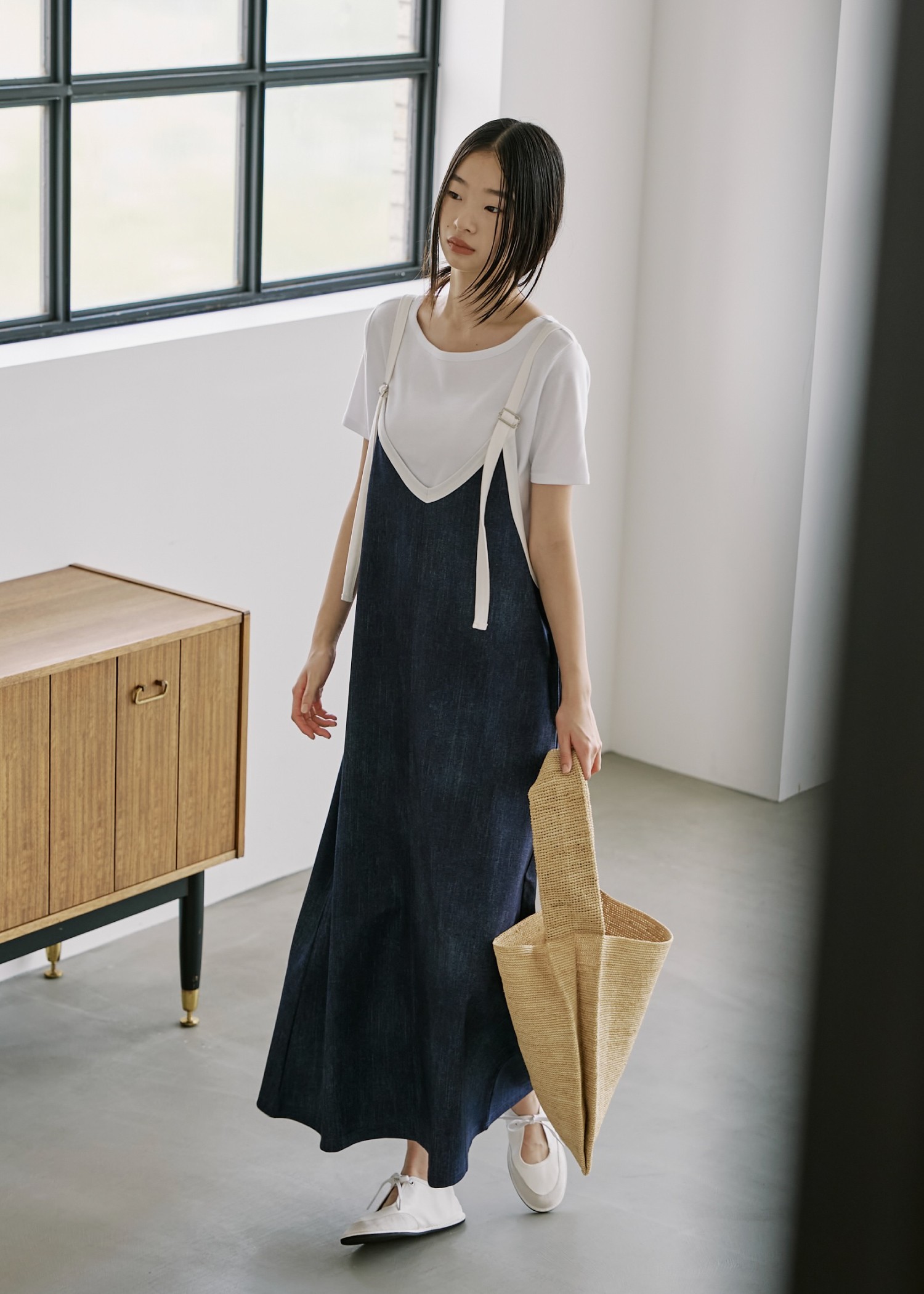 bicolor tape denim like A line OP