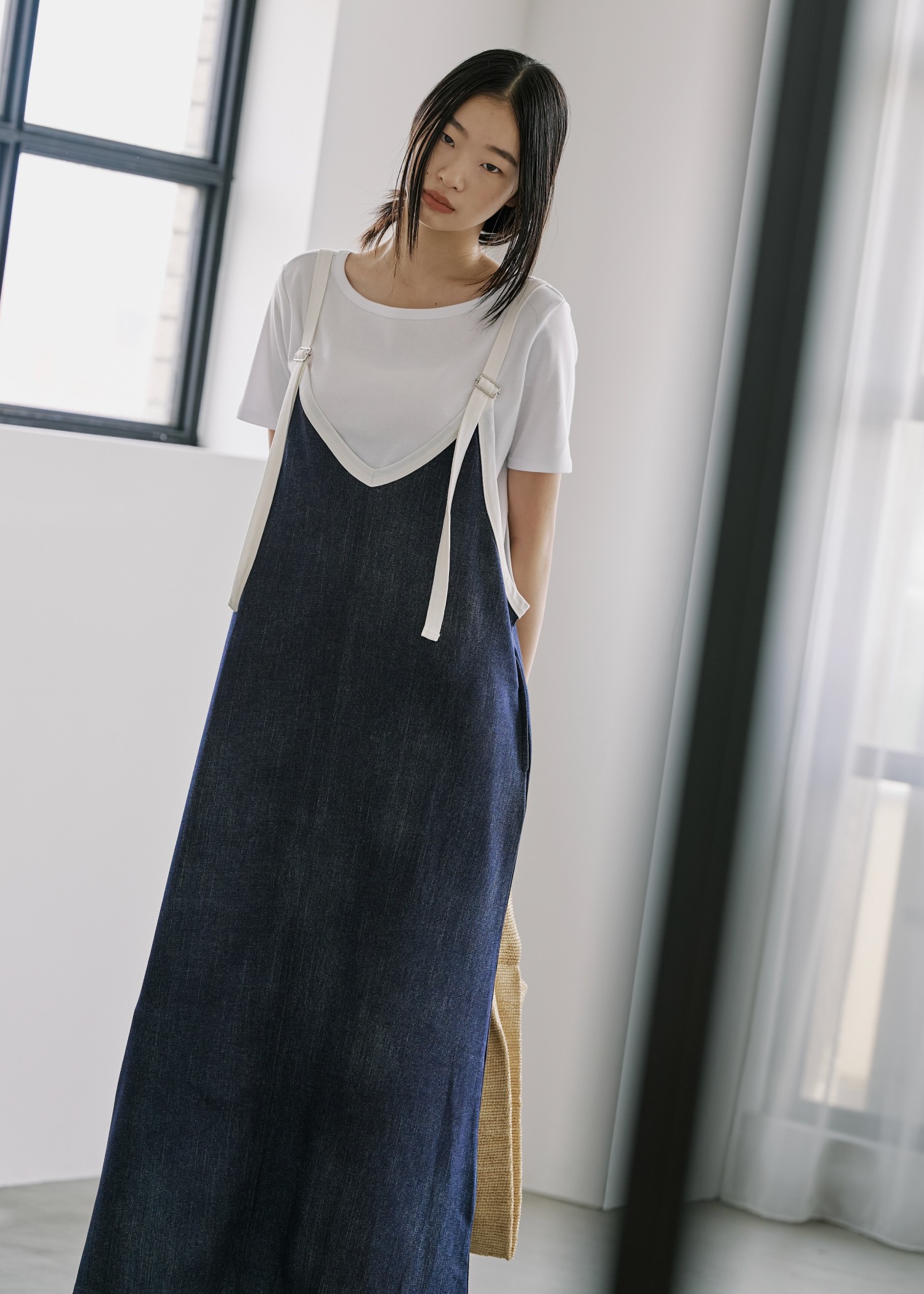 bicolor tape denim like A line OP