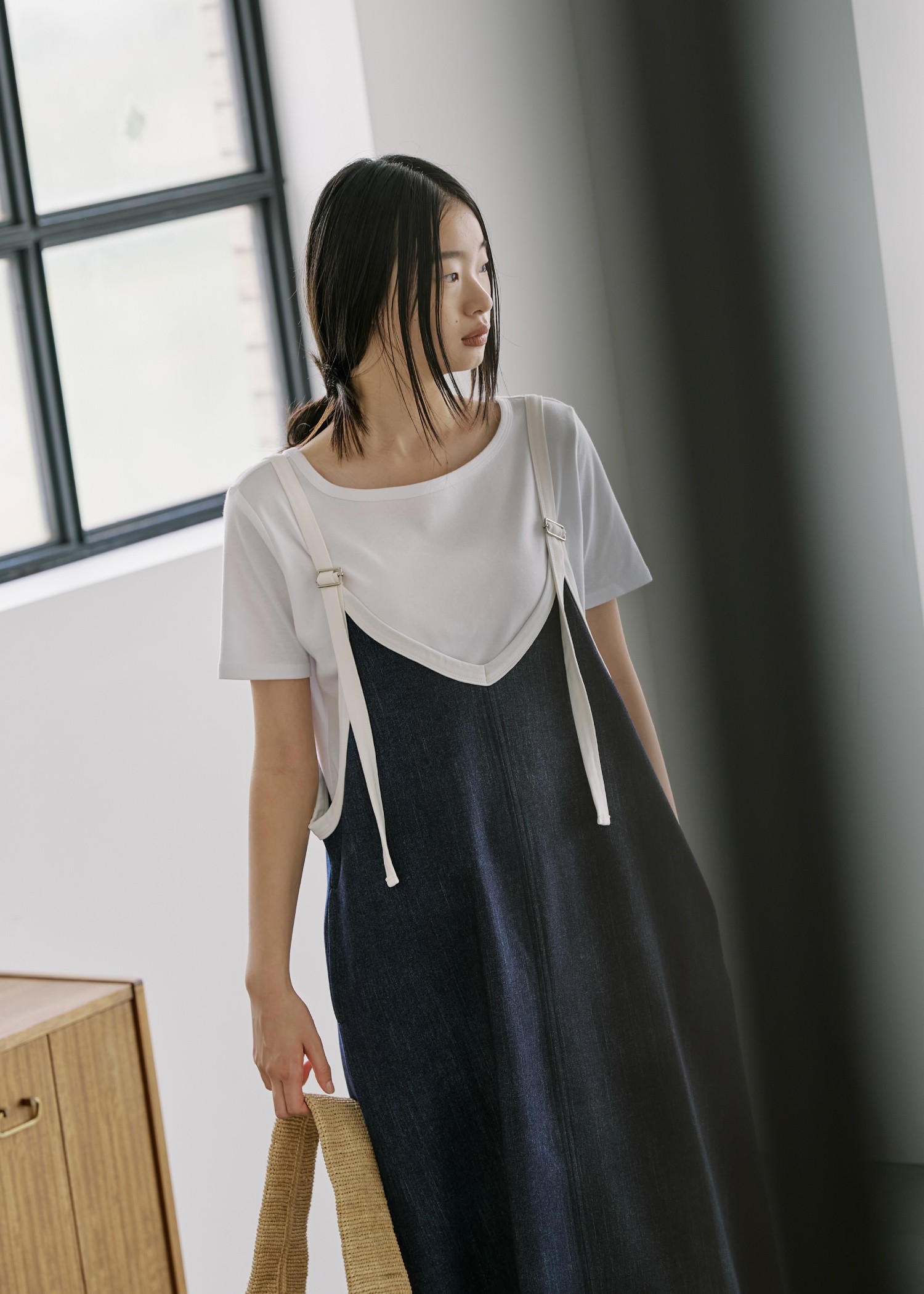 bicolor tape denim like A line OP