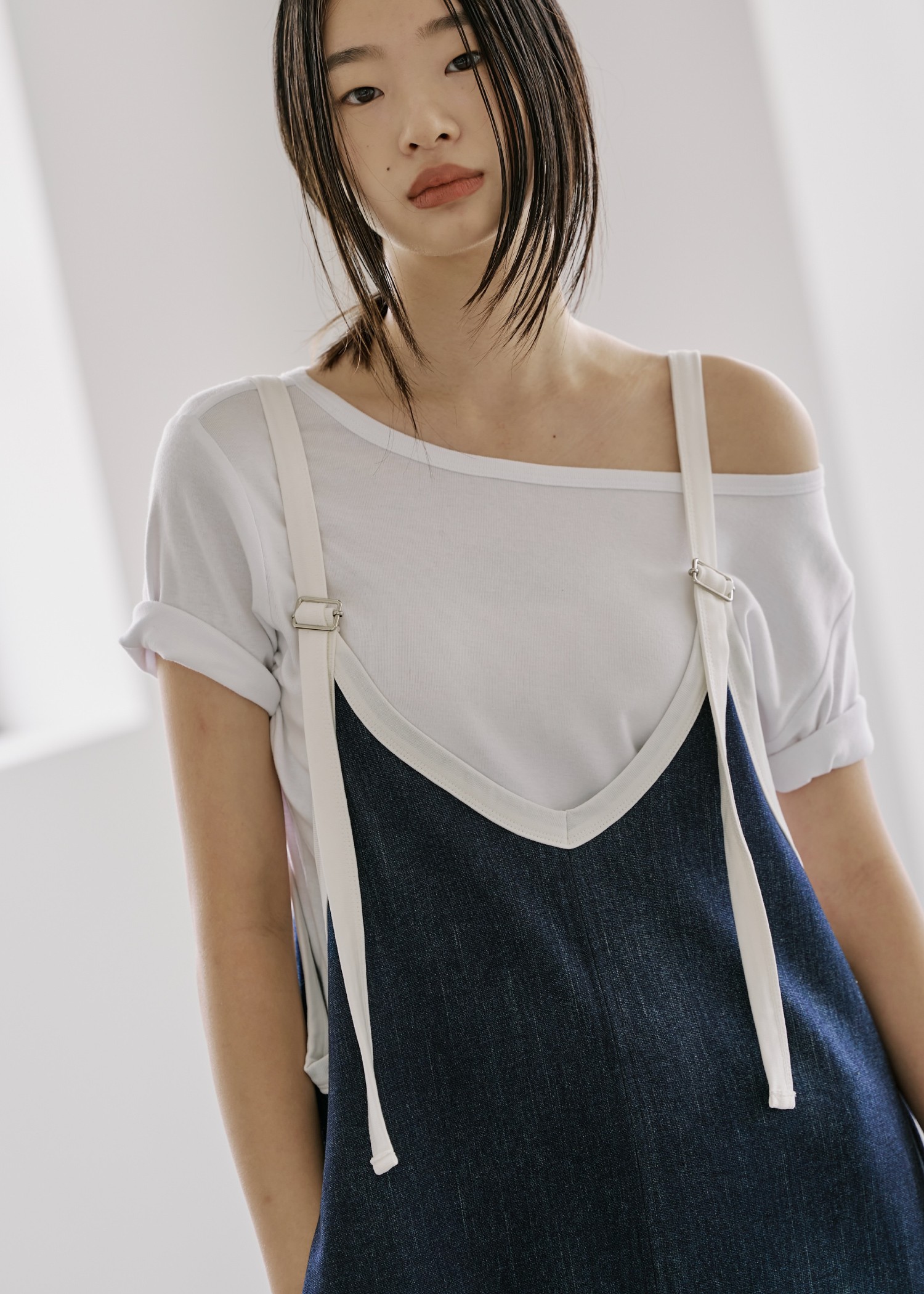 bicolor tape denim like A line OP