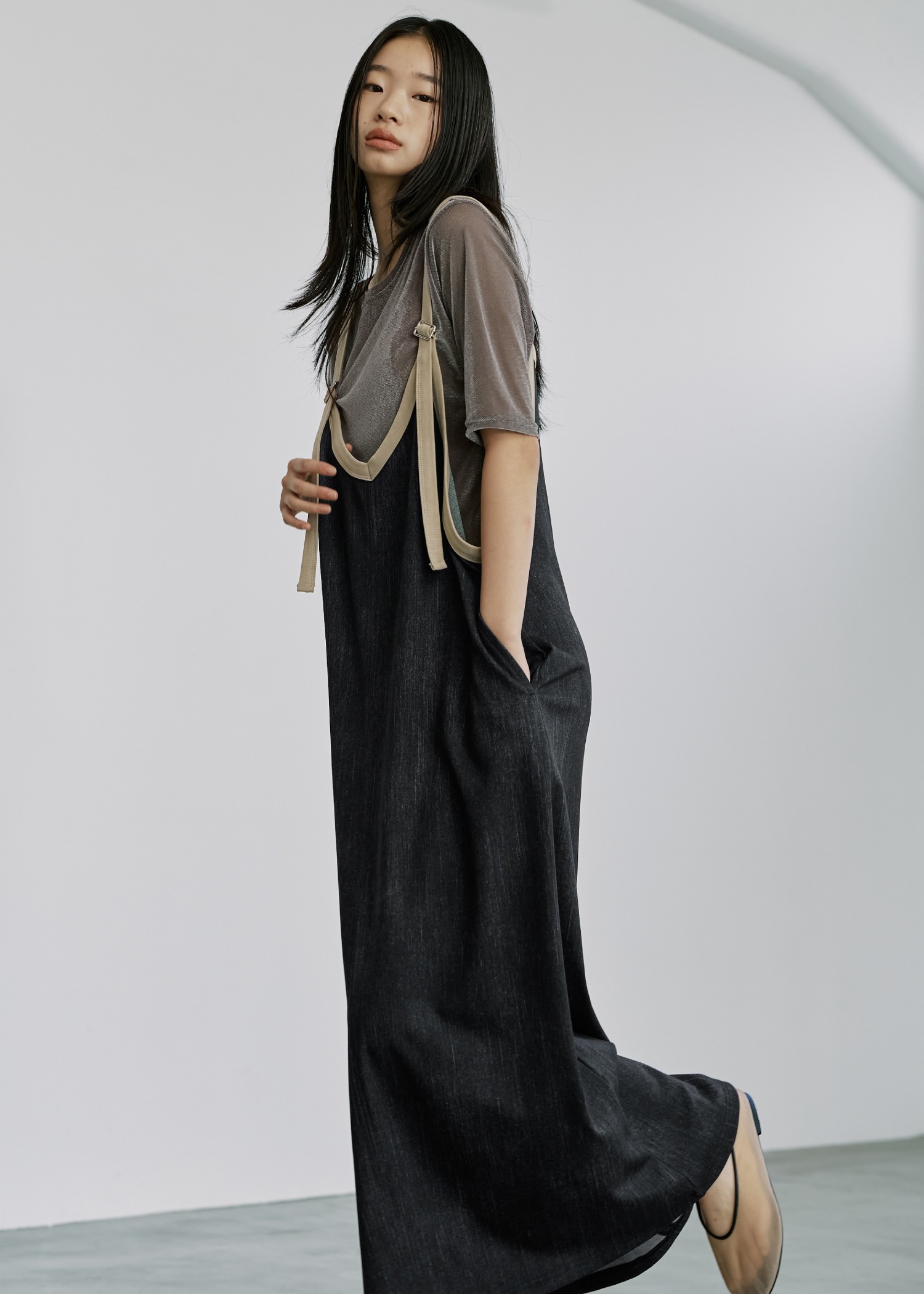 bicolor tape denim like A line OP