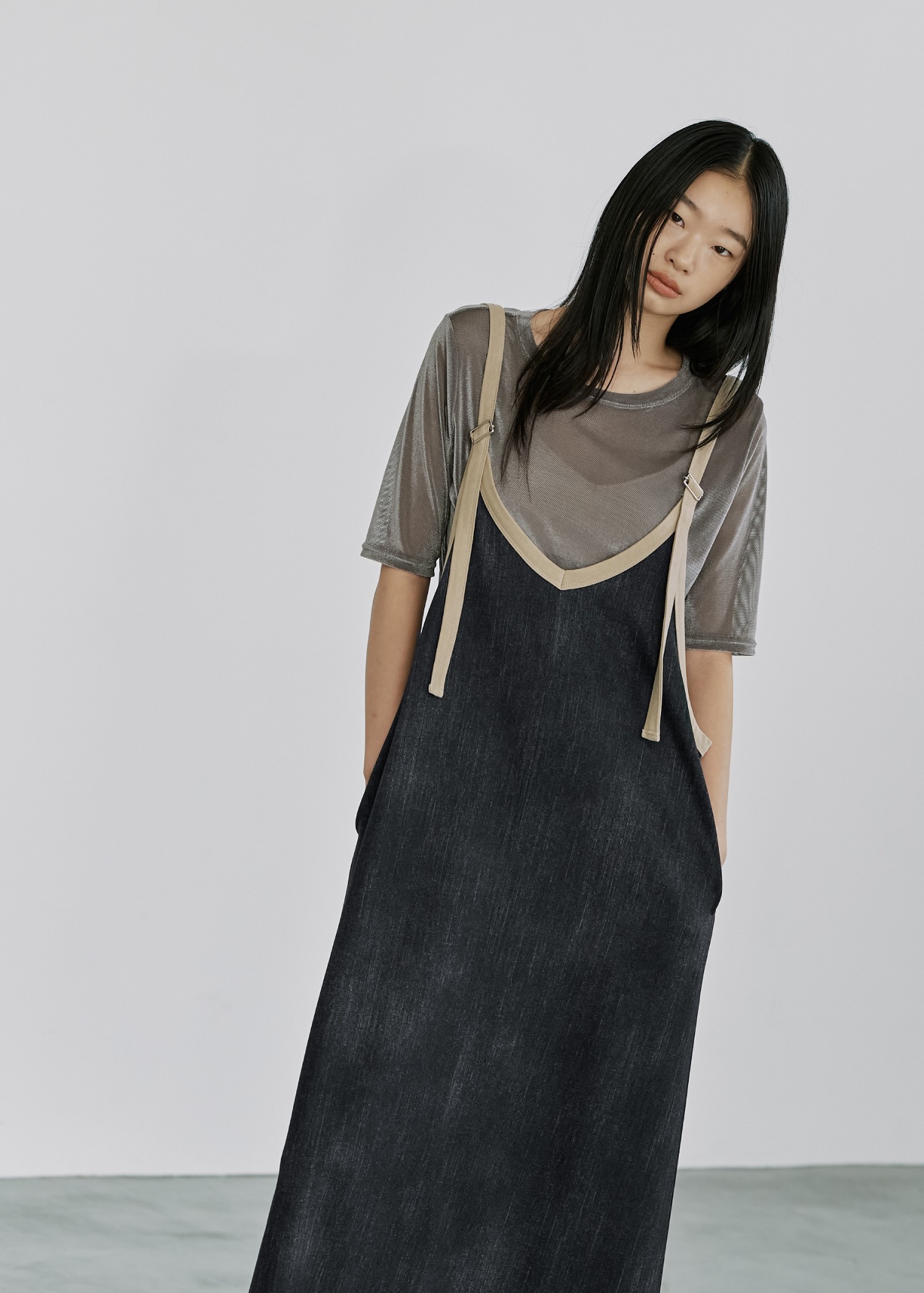 bicolor tape denim like A line OP