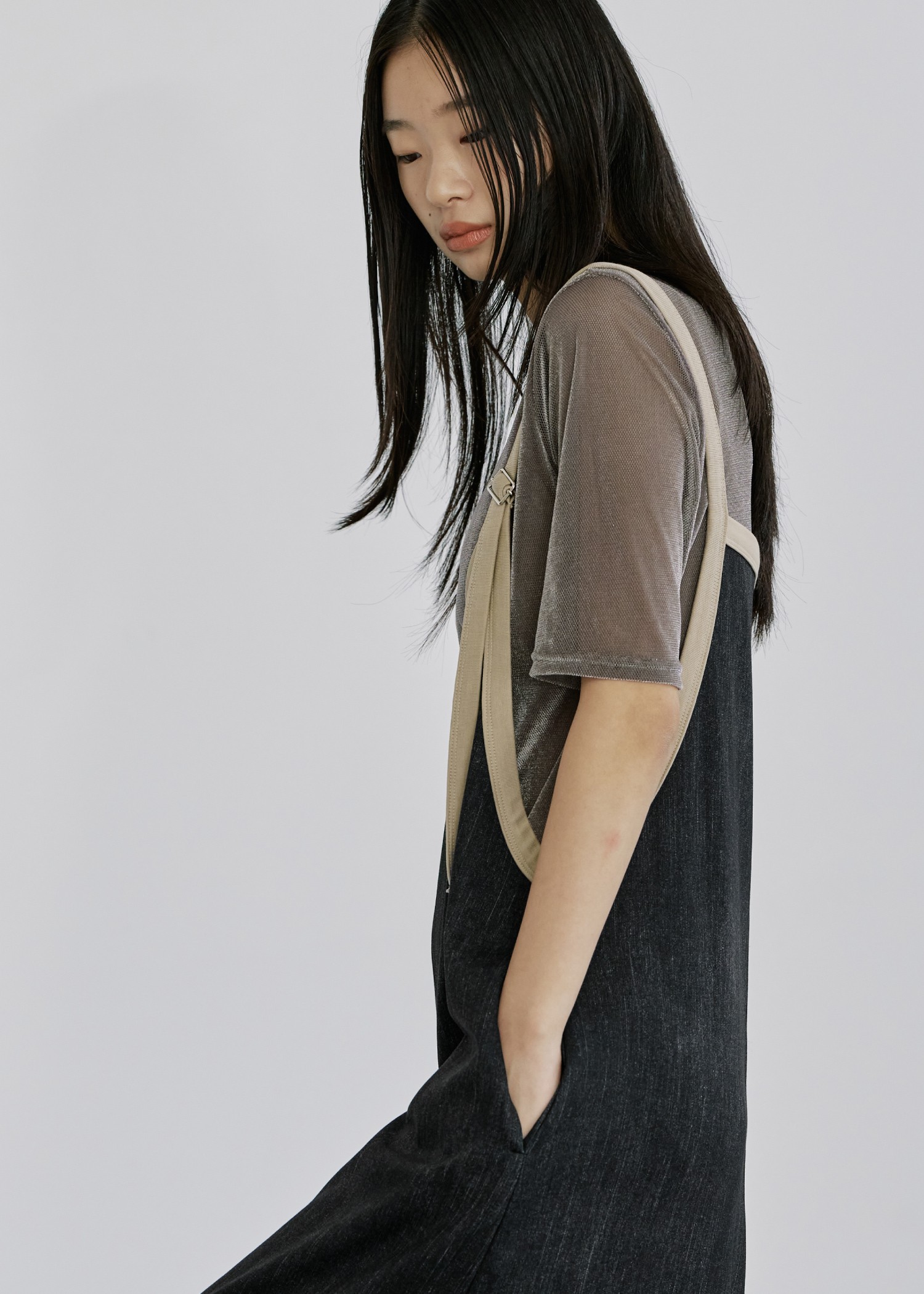 bicolor tape denim like A line OP