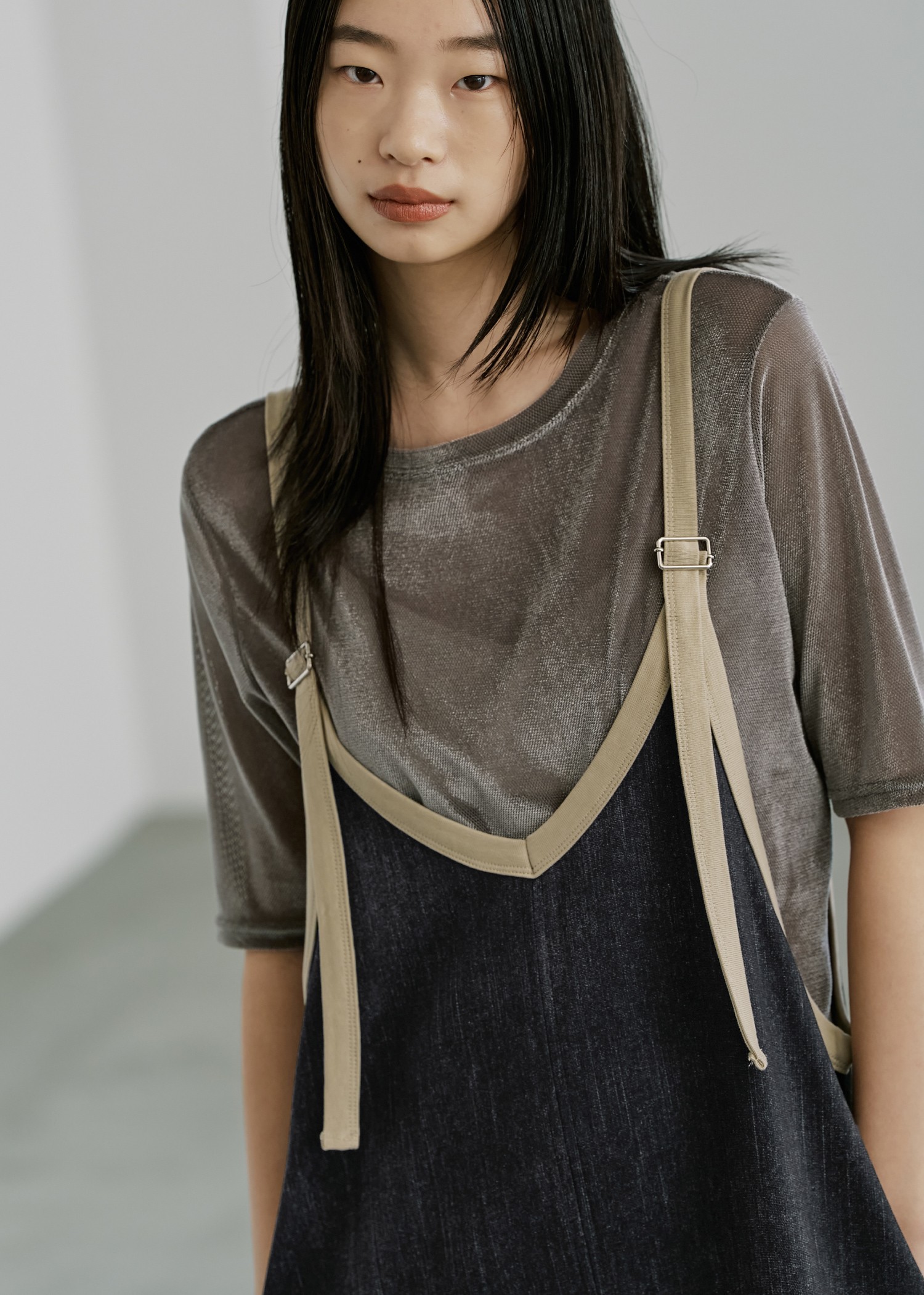 bicolor tape denim like A line OP