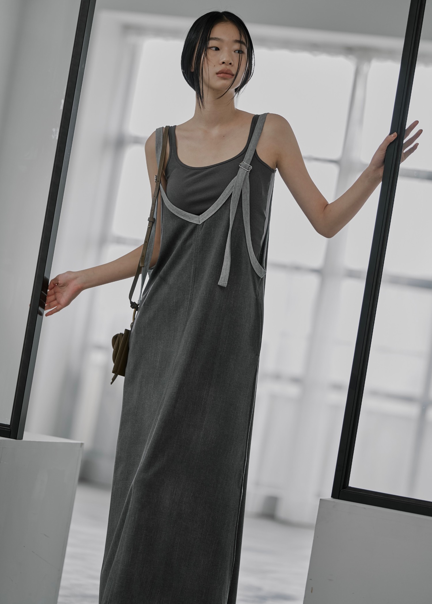 bicolor tape denim like A line OP