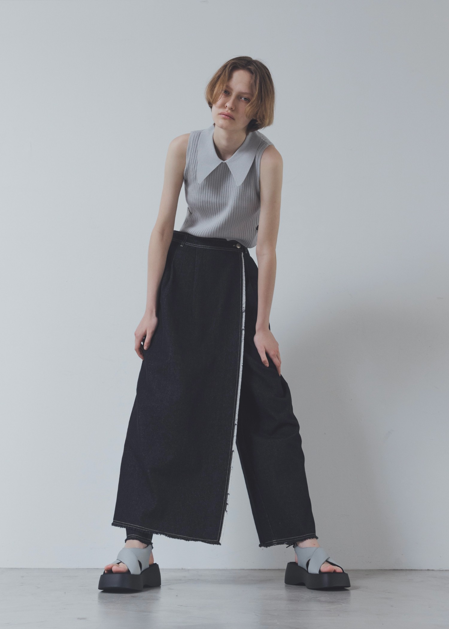 2way wrap tapered denim pants