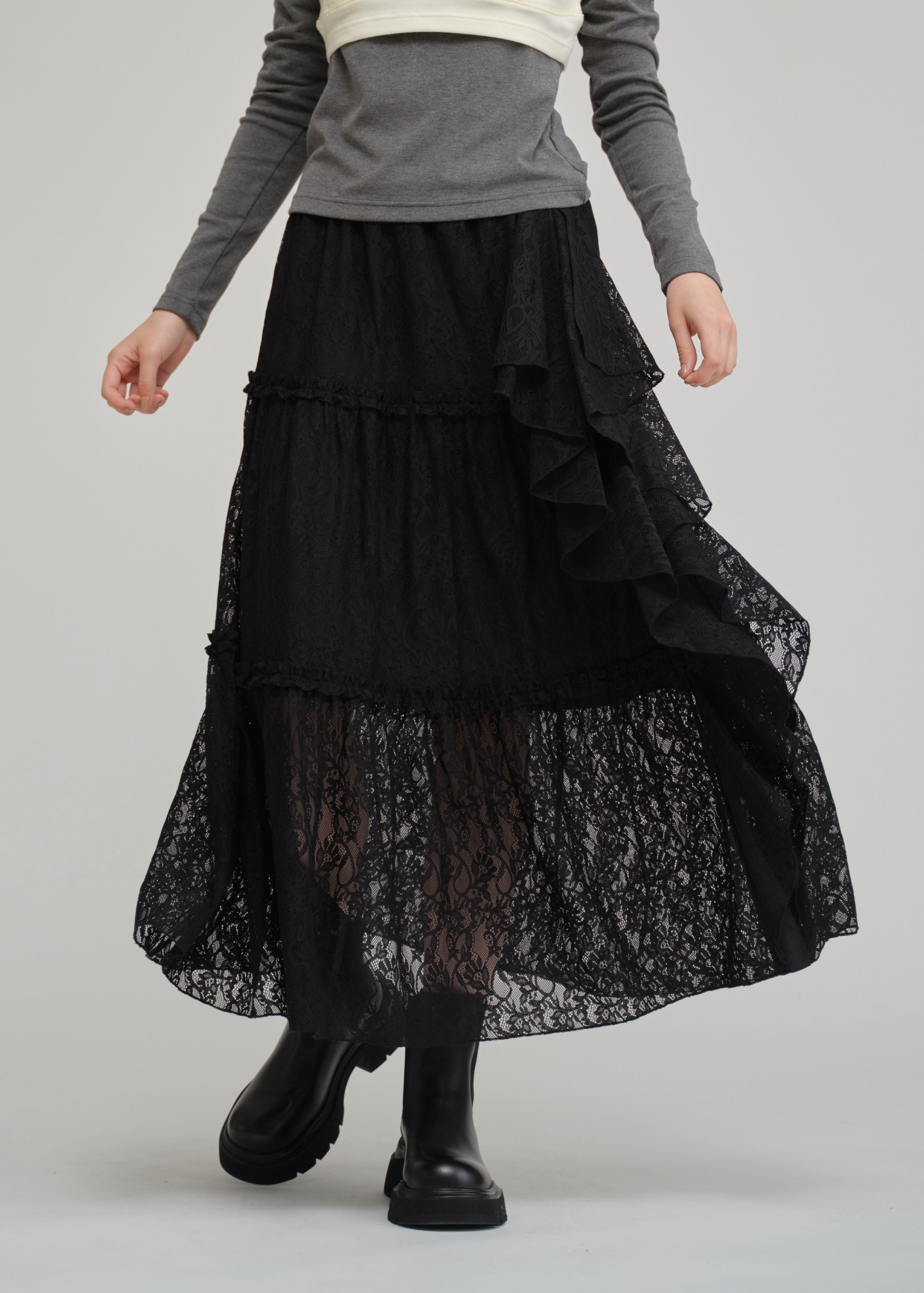 lace slit ruffle frill tiered skirt