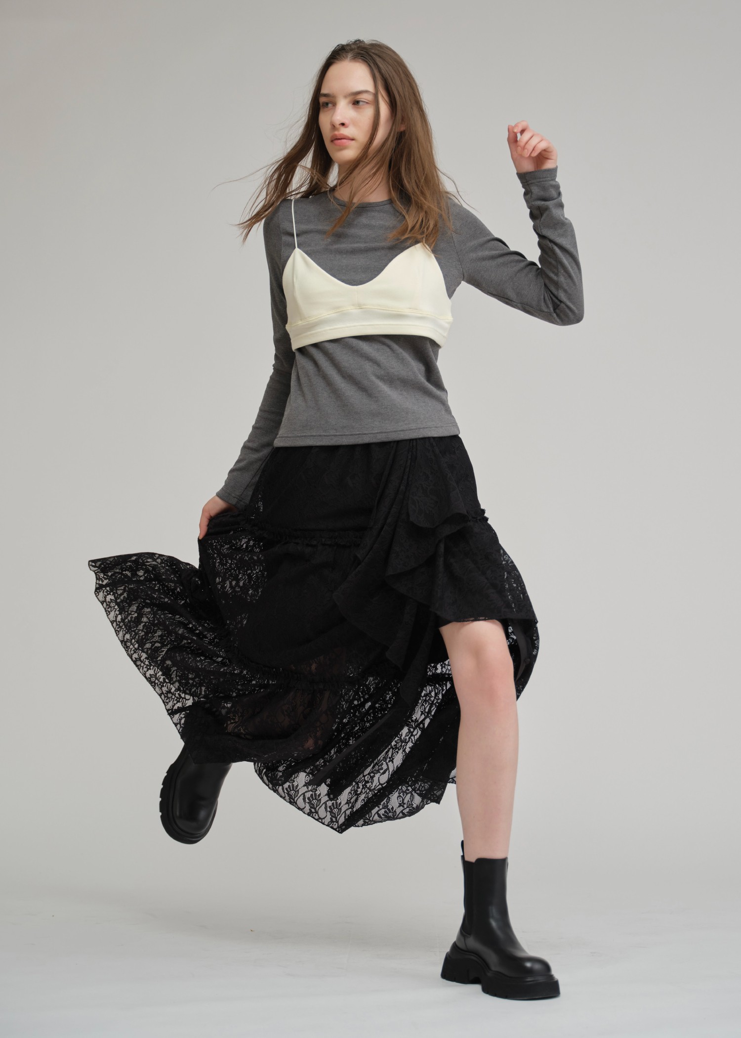 lace slit ruffle frill tiered skirt