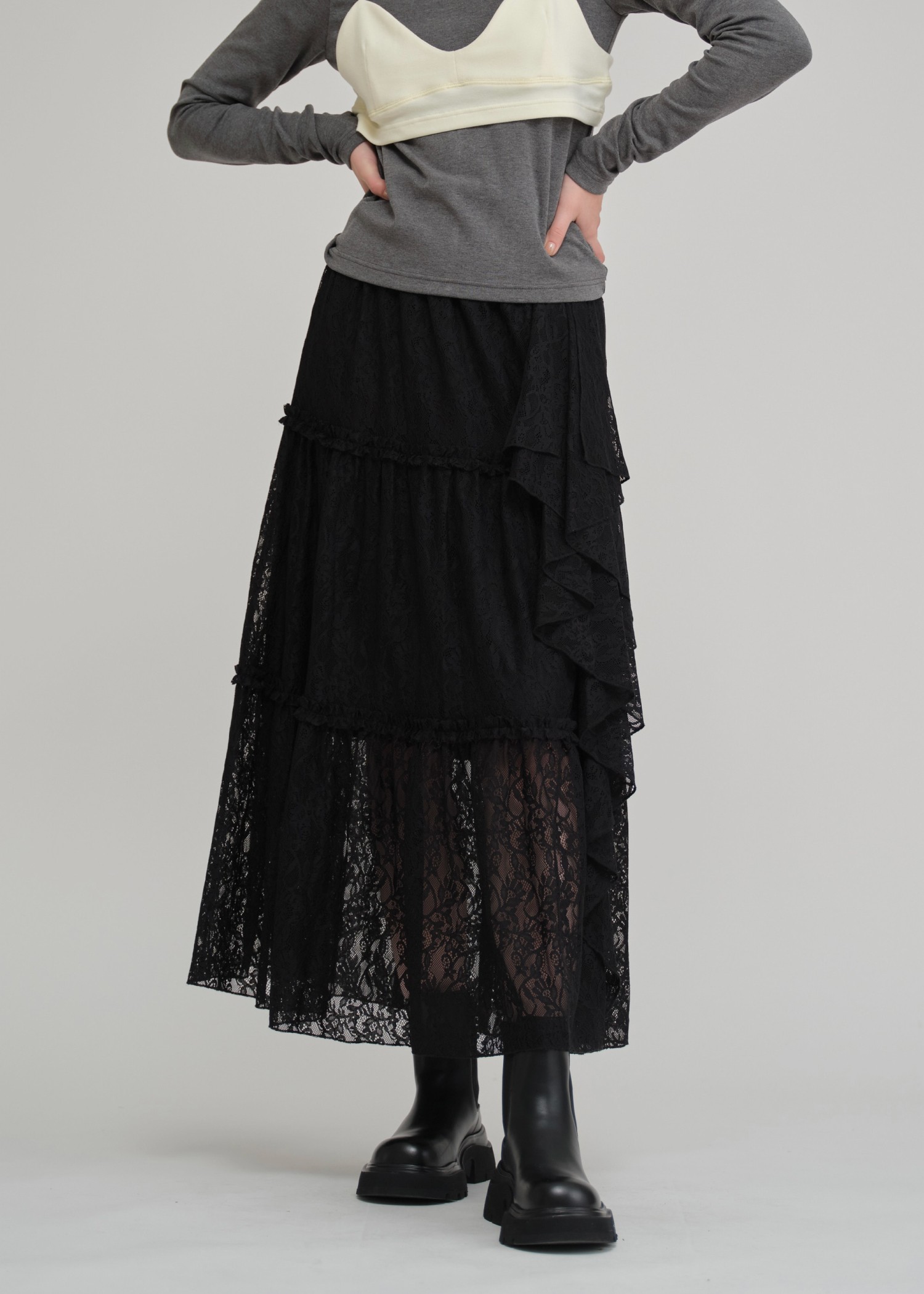 lace slit ruffle frill tiered skirt
