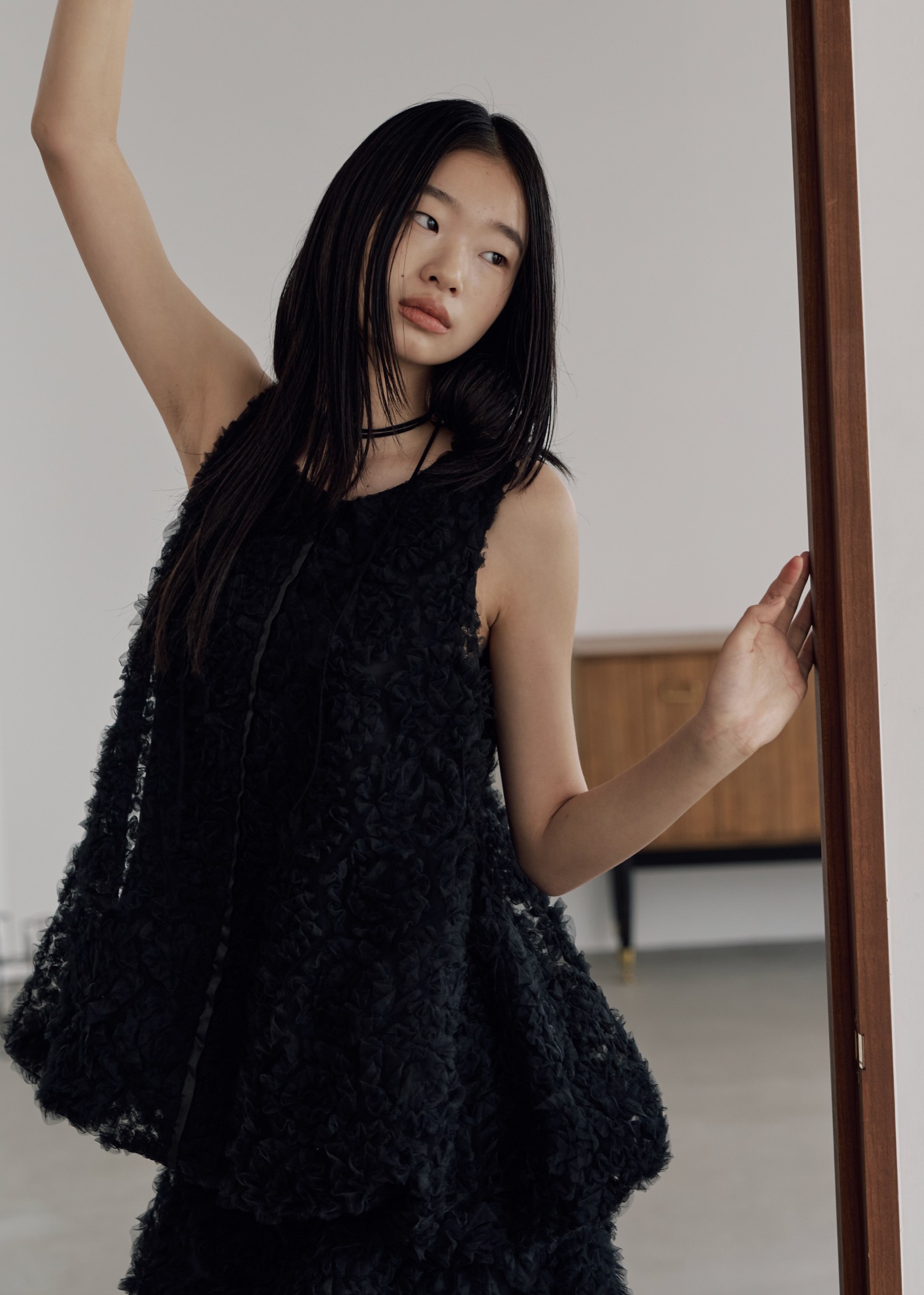 circle tulle motif balloon peplum nosleeve tops