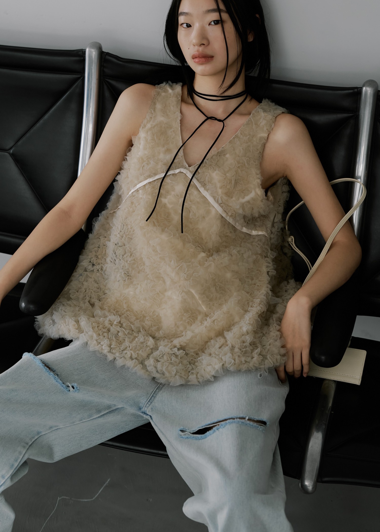 circle tulle motif balloon peplum nosleeve tops