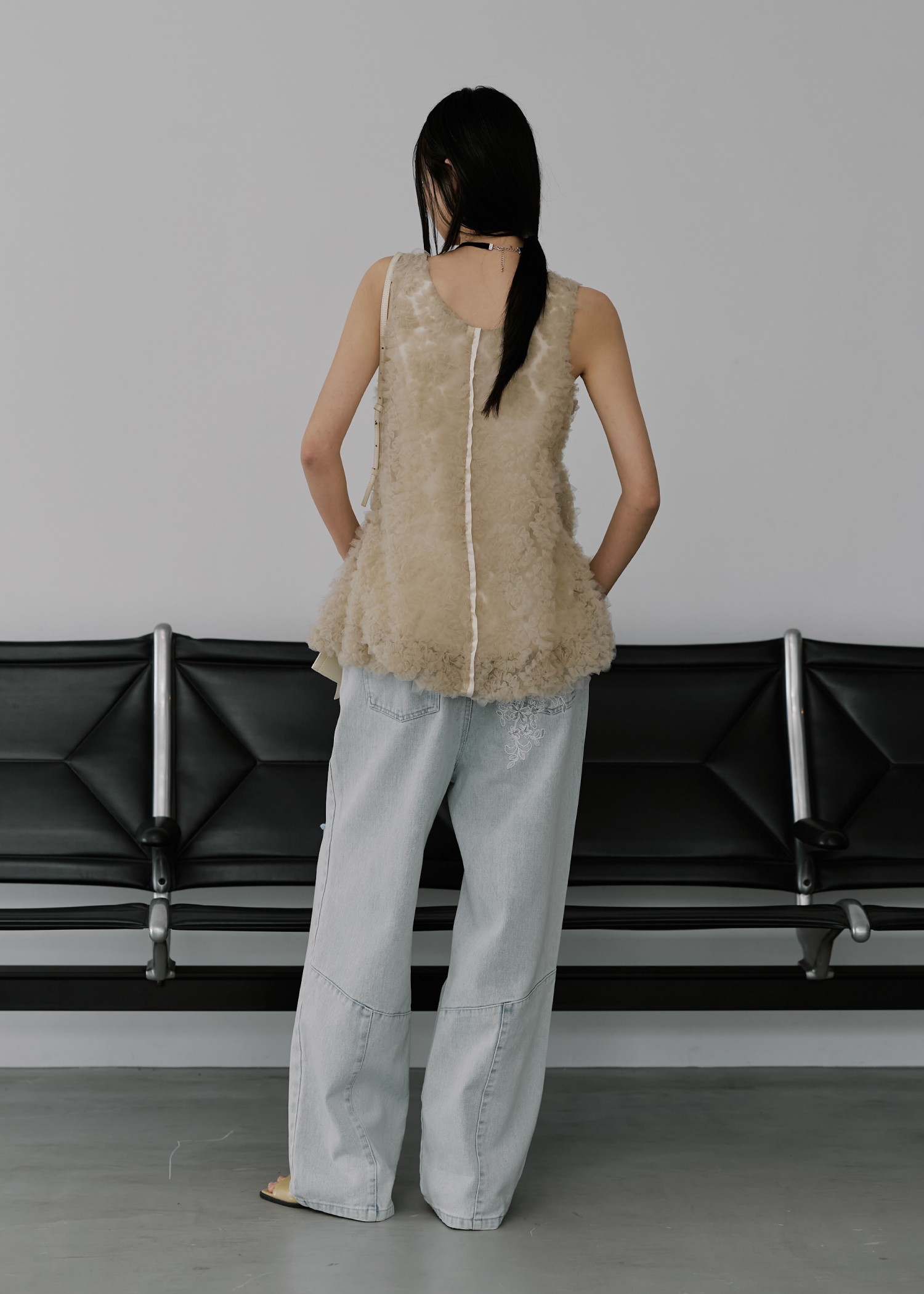 circle tulle motif balloon peplum nosleeve tops