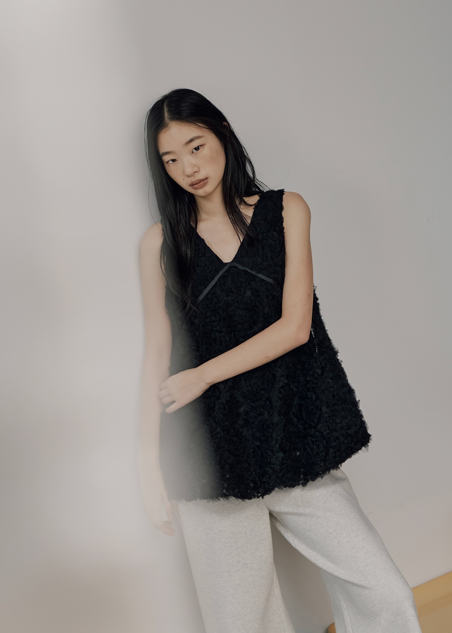 circle tulle motif balloon peplum nosleeve tops