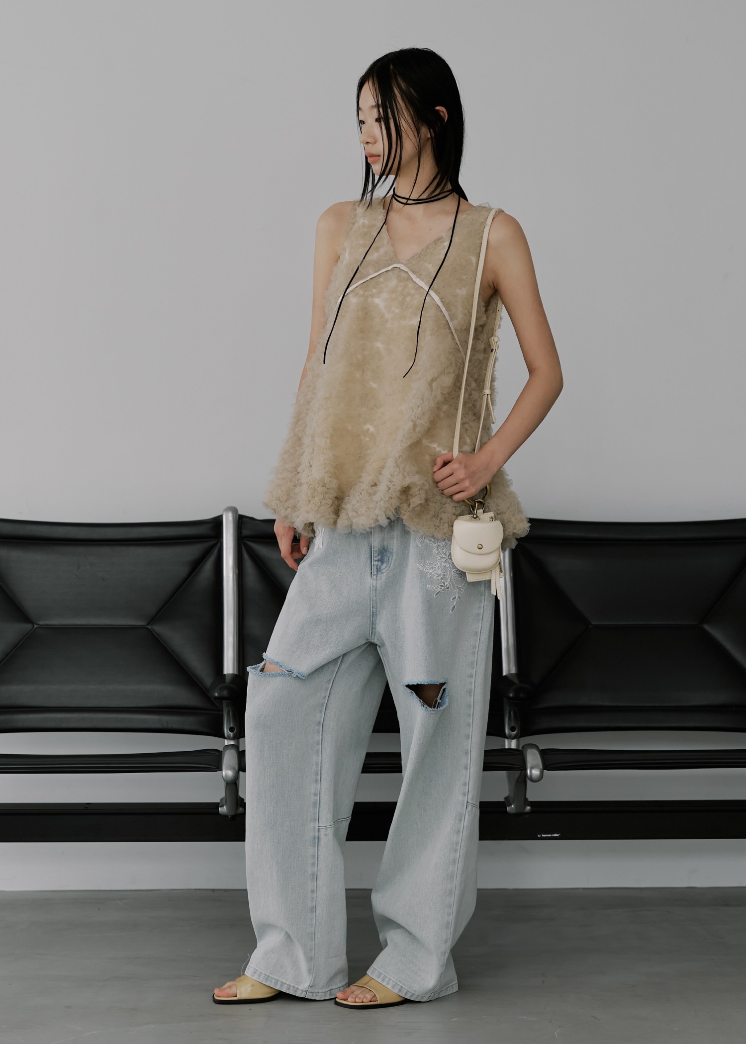 circle tulle motif balloon peplum nosleeve tops